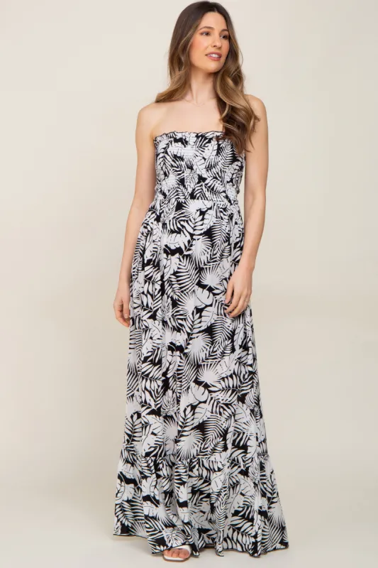 Black Leaf Print Smocked Strapless Maternity Maxi Dress sold by Pinkblush