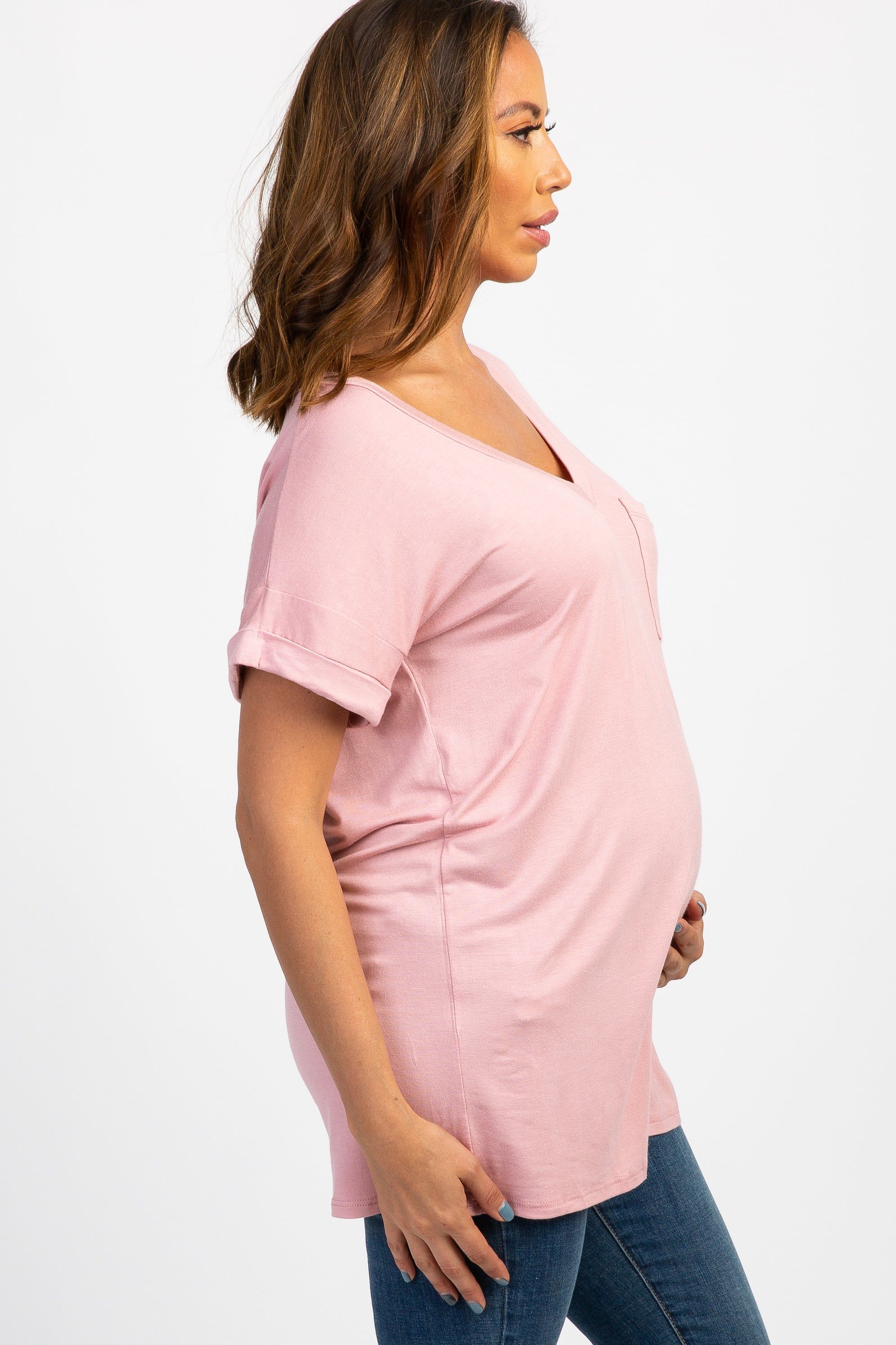 Pink V-Neck Pocket Accent Maternity Top sold by Pinkblush product image thumbnail 2