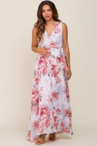 Red Floral Chiffon Double V-Neck Sleeveless Maternity Maxi Dress sold by Pinkblush