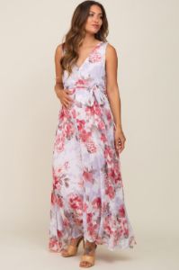 Red Floral Chiffon Double V-Neck Sleeveless Maternity Maxi Dress sold by Pinkblush
