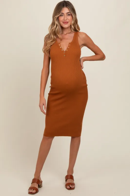 Camel Sleeveless Knit Henley Maternity Midi Dress sold by Pinkblush