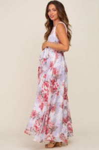 Red Floral Chiffon Double V-Neck Sleeveless Maternity Maxi Dress sold by Pinkblush