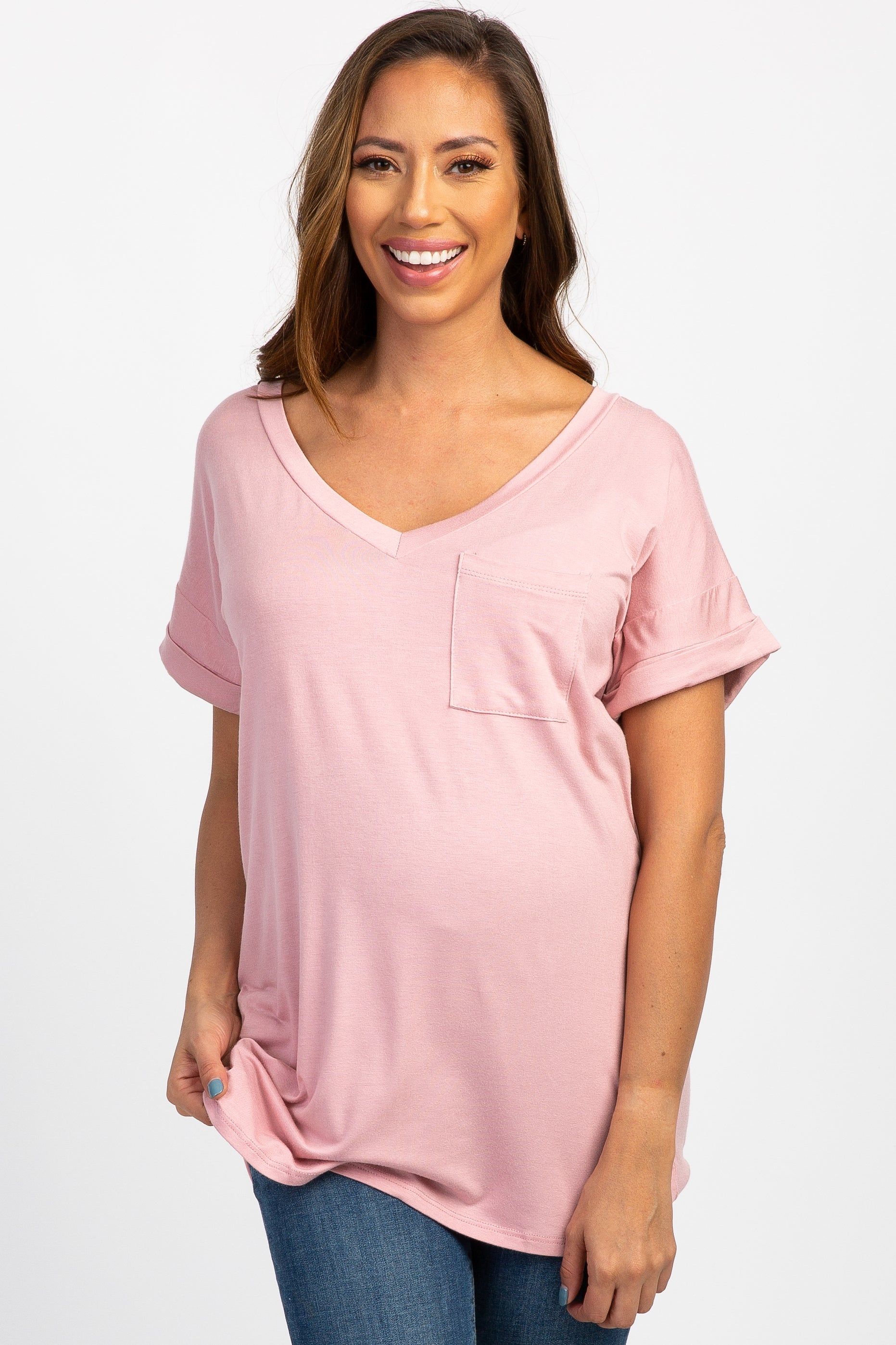 Pink V-Neck Pocket Accent Maternity Top sold by Pinkblush