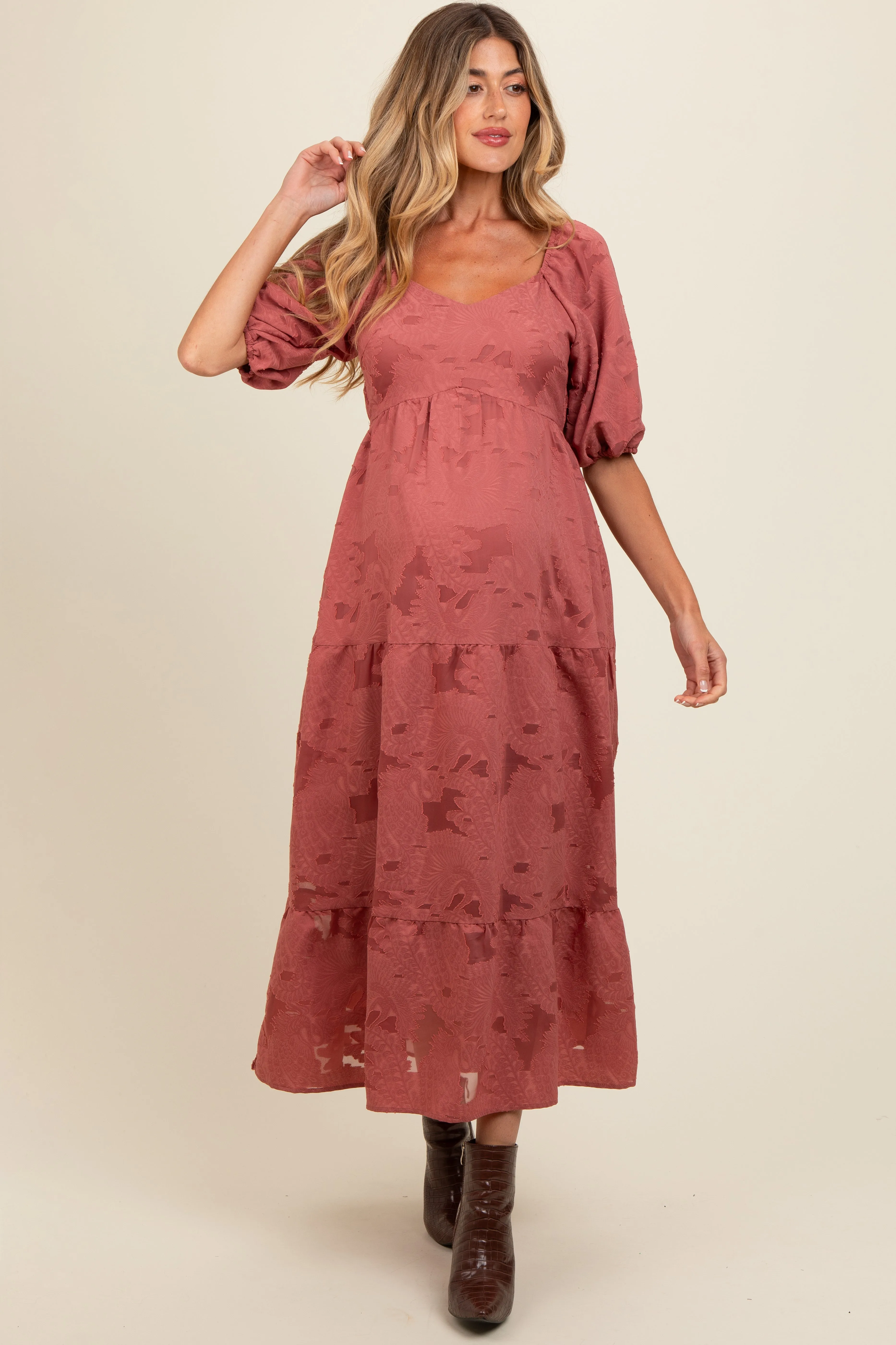 Mauve Floral Textured Tiered Midi Maternity Dress sold by Pinkblush product image thumbnail 2