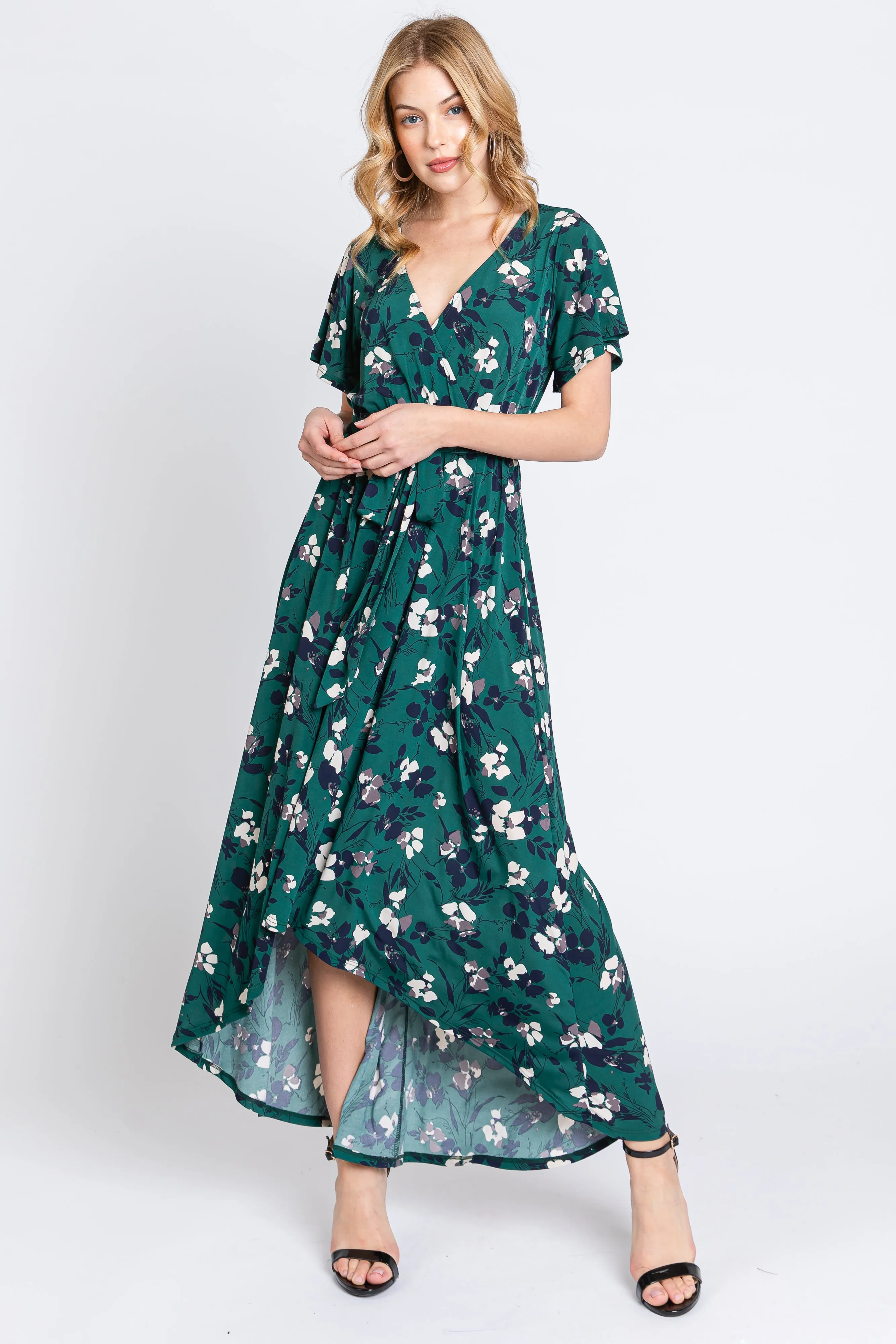 Forest Green Floral Wrap Front V-Neck Hi-Low Midi Dress sold by Pinkblush