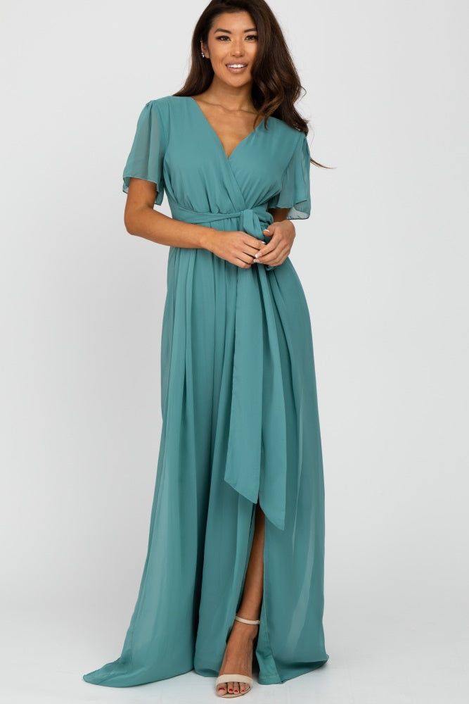 Teal Chiffon Short Sleeve Front Slit Maternity Maxi Dress sold by Pinkblush product image thumbnail 4