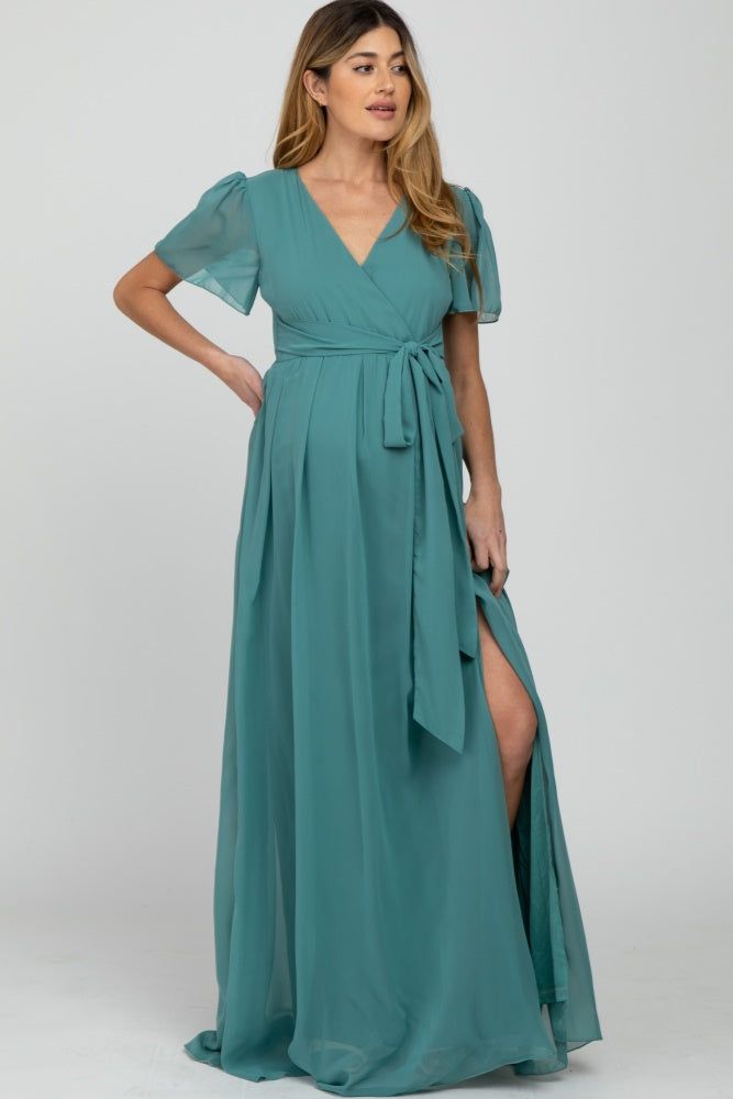 Teal Chiffon Short Sleeve Front Slit Maternity Maxi Dress sold by Pinkblush