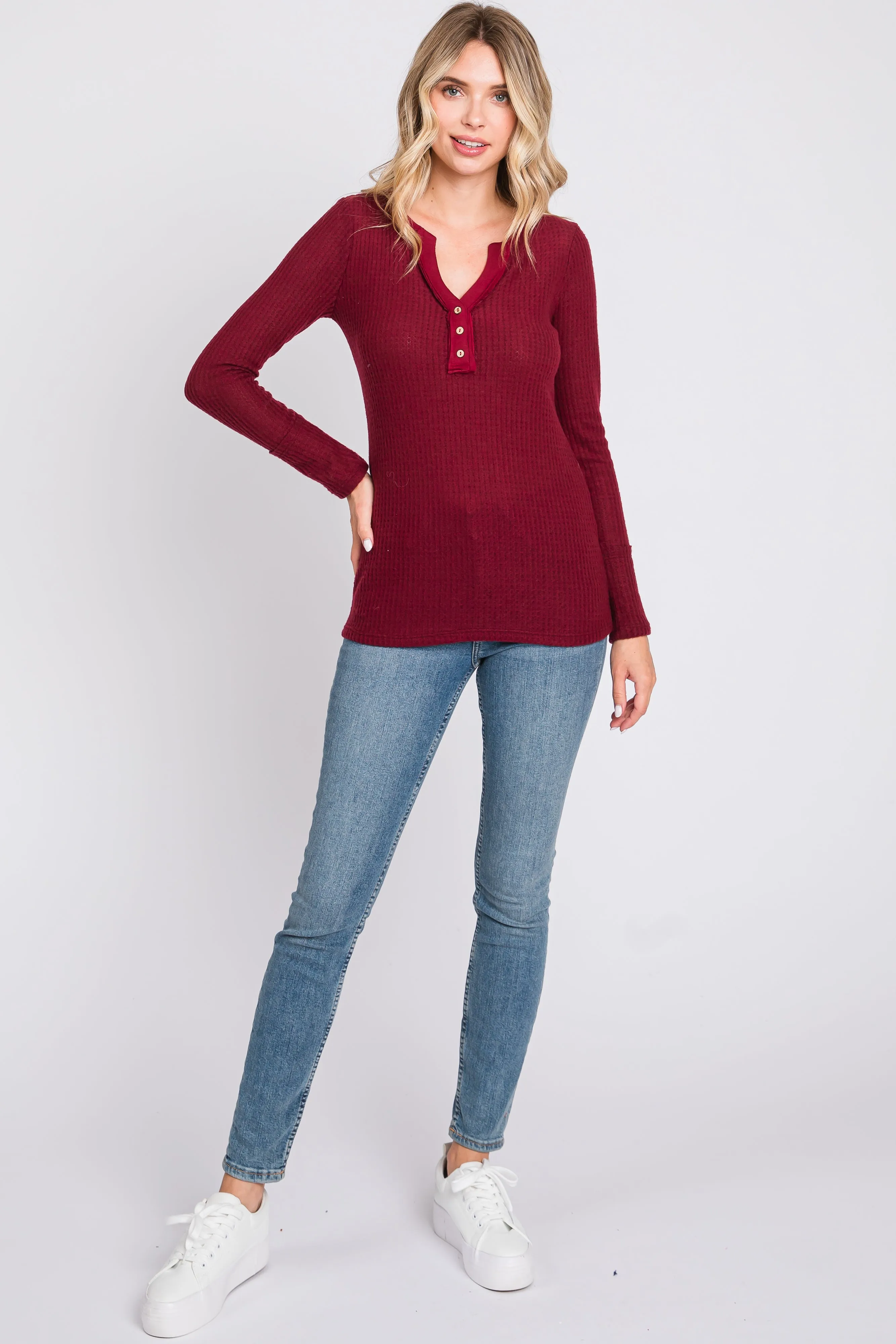 Burgundy Soft Waffle Knit Button Accent Long Sleeve Top sold by Pinkblush product image thumbnail 4