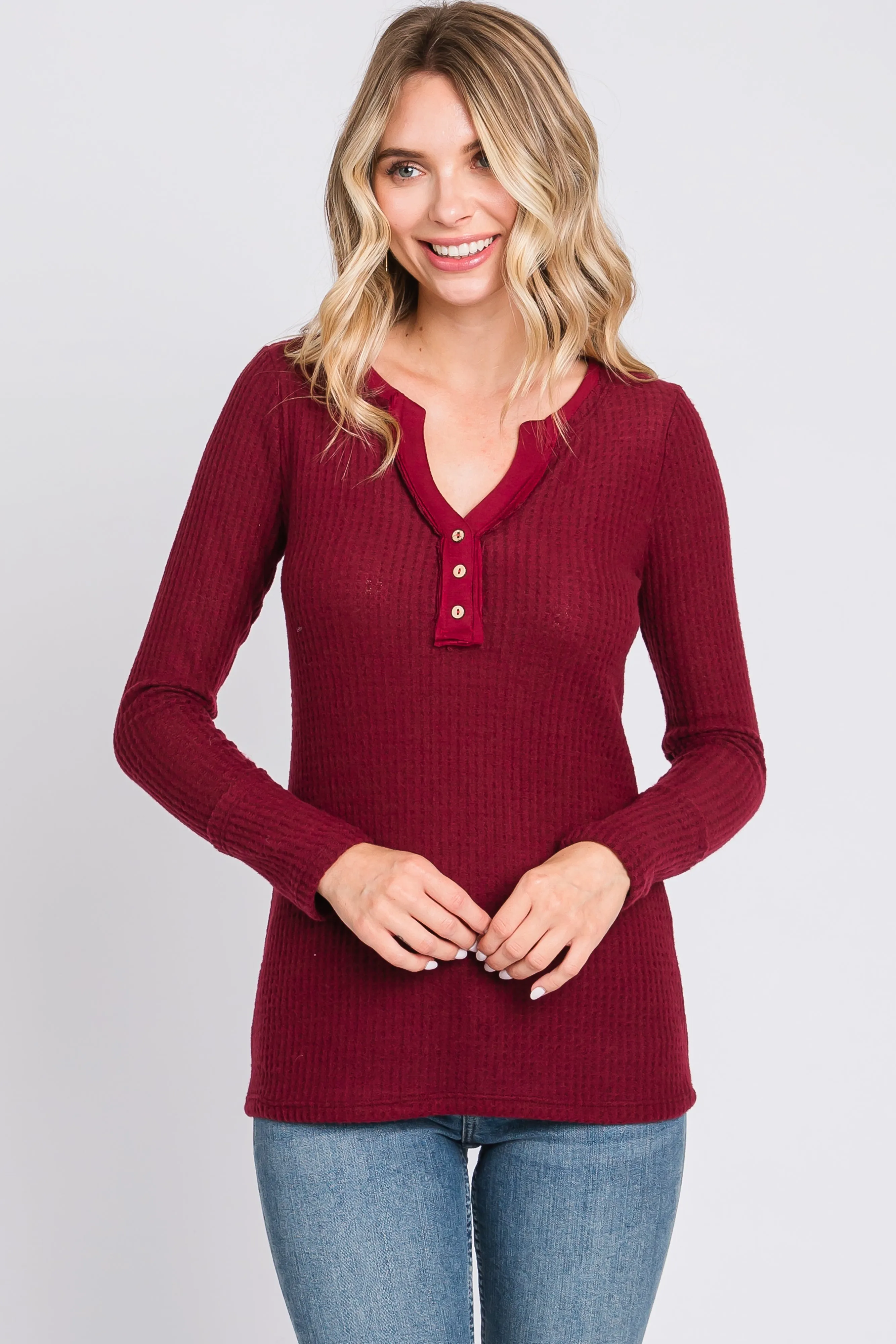 Burgundy Soft Waffle Knit Button Accent Long Sleeve Top sold by Pinkblush