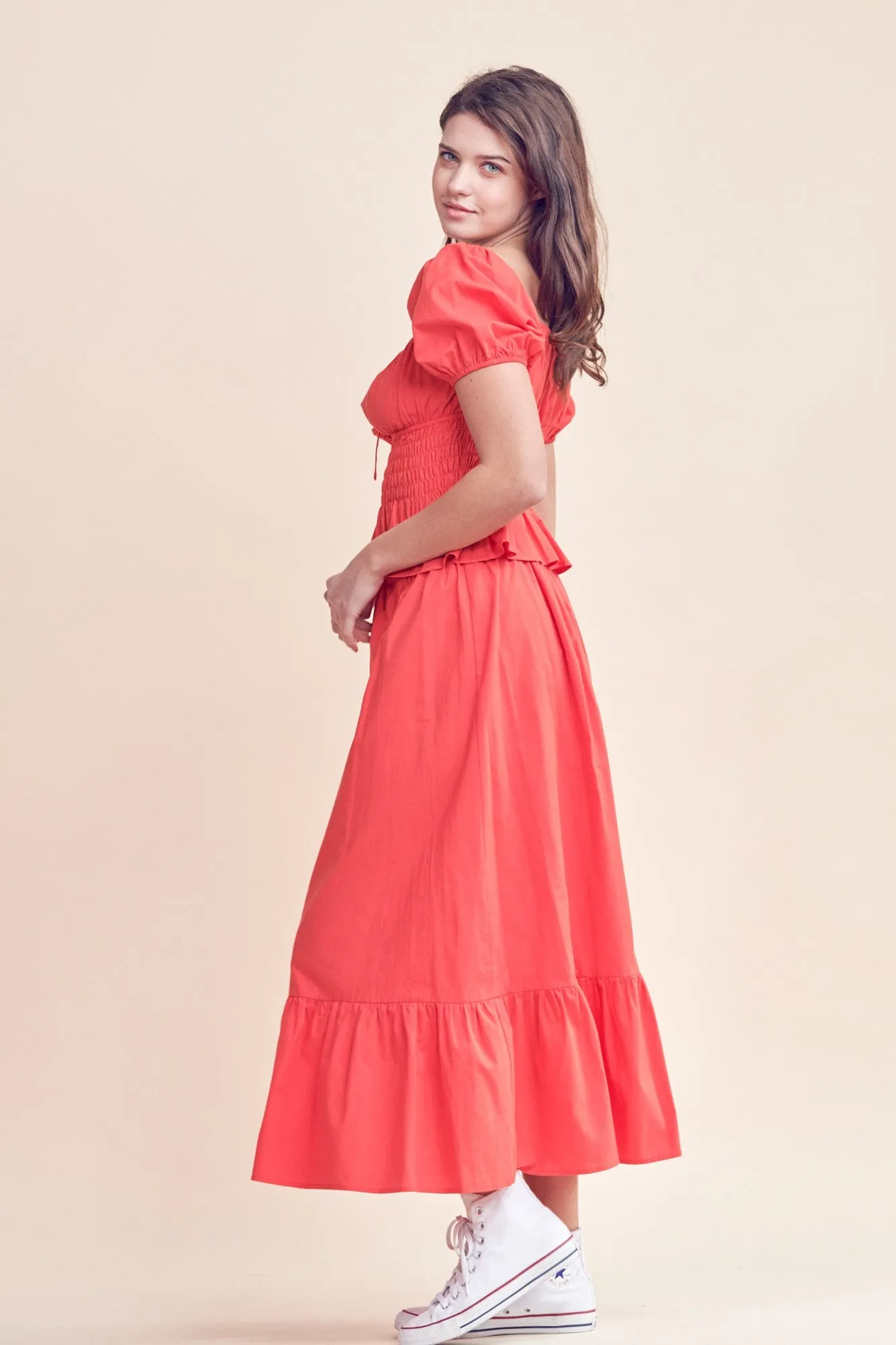 Red Square Neck Puff Sleeve Top And Midi Skirt Set sold by Pinkblush product image thumbnail 2