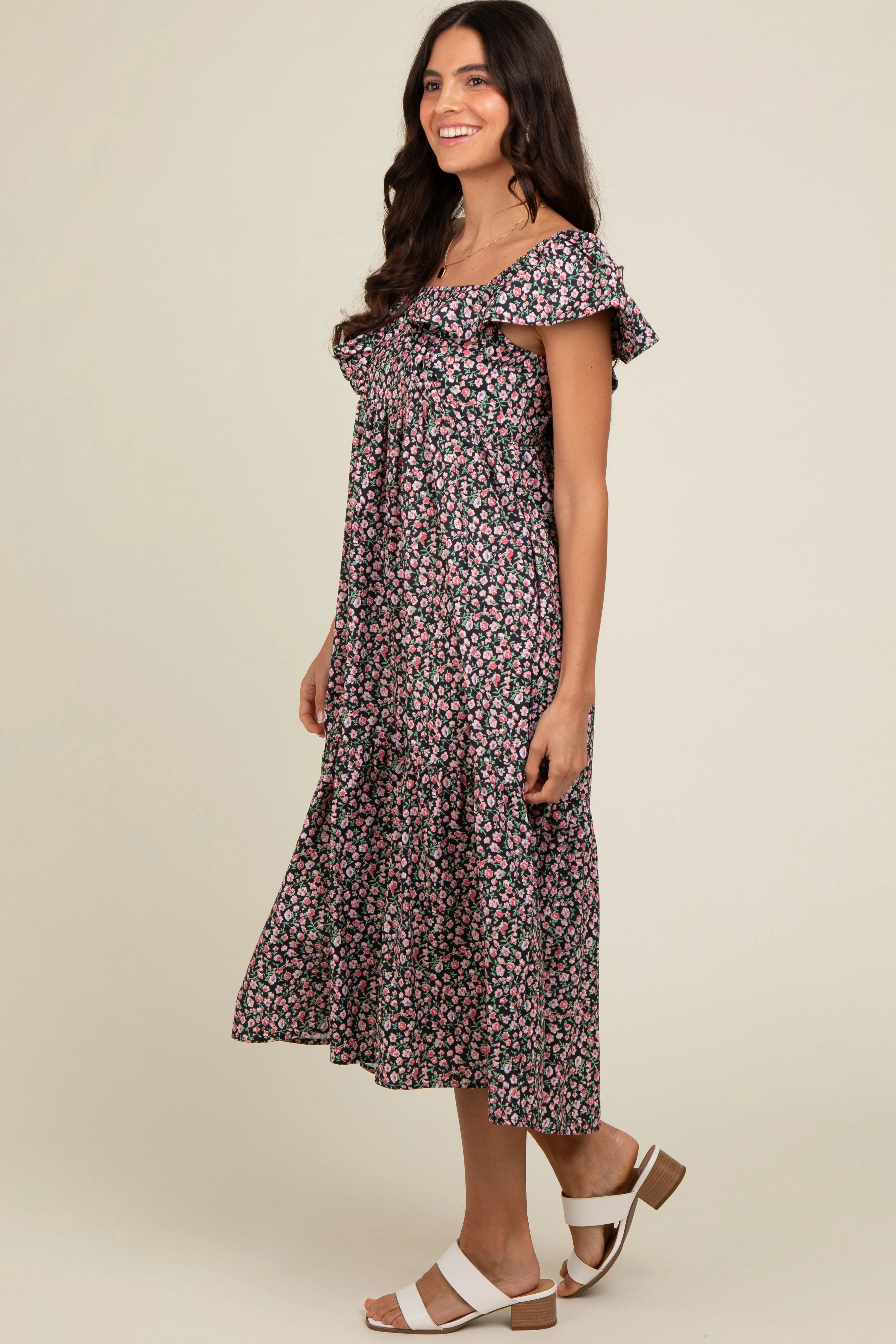 Black Floral Ruffle Off Shoulder Midi Dress sold by Pinkblush product image thumbnail 3