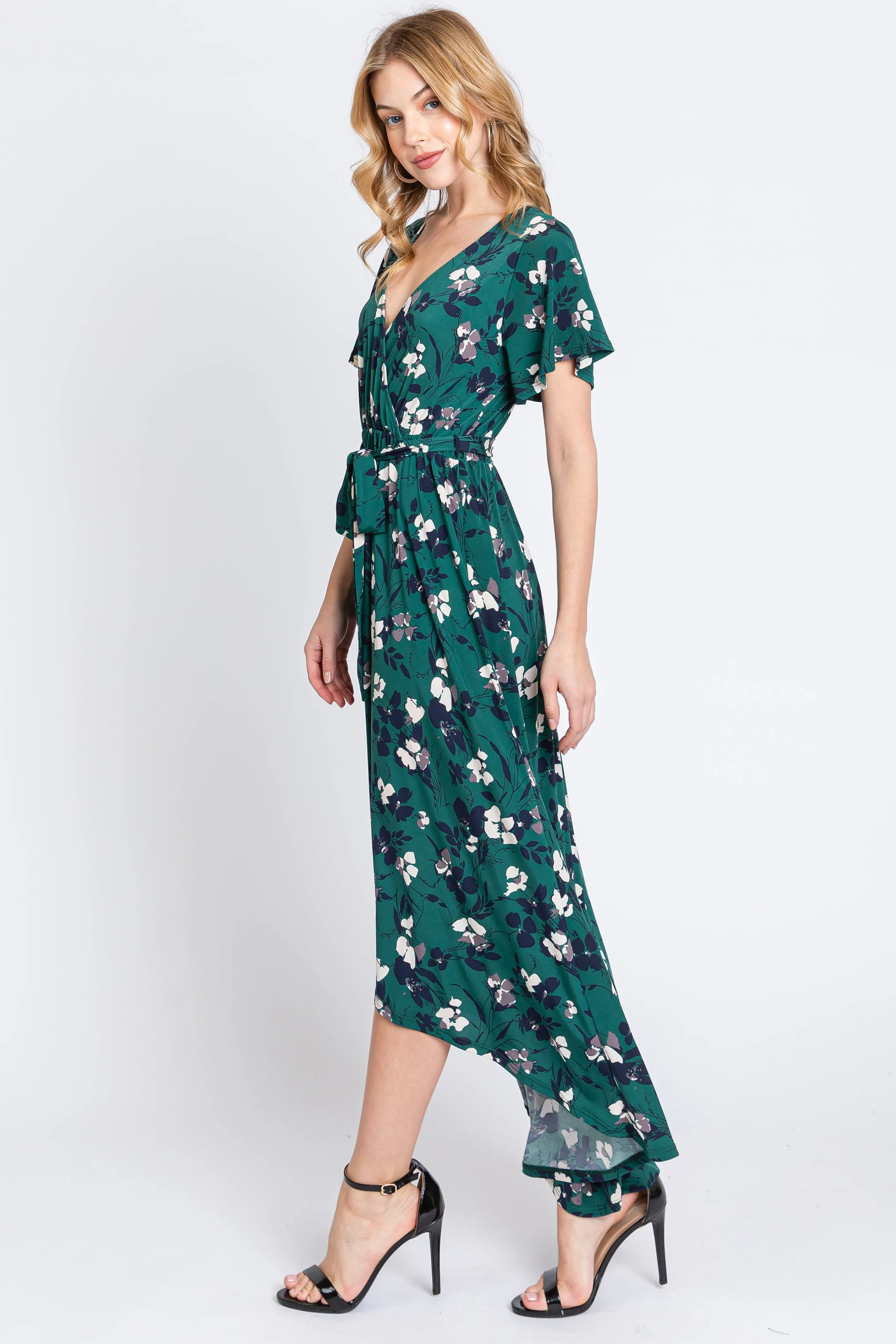 Forest Green Floral Wrap Front V-Neck Hi-Low Midi Dress sold by Pinkblush product image thumbnail 2