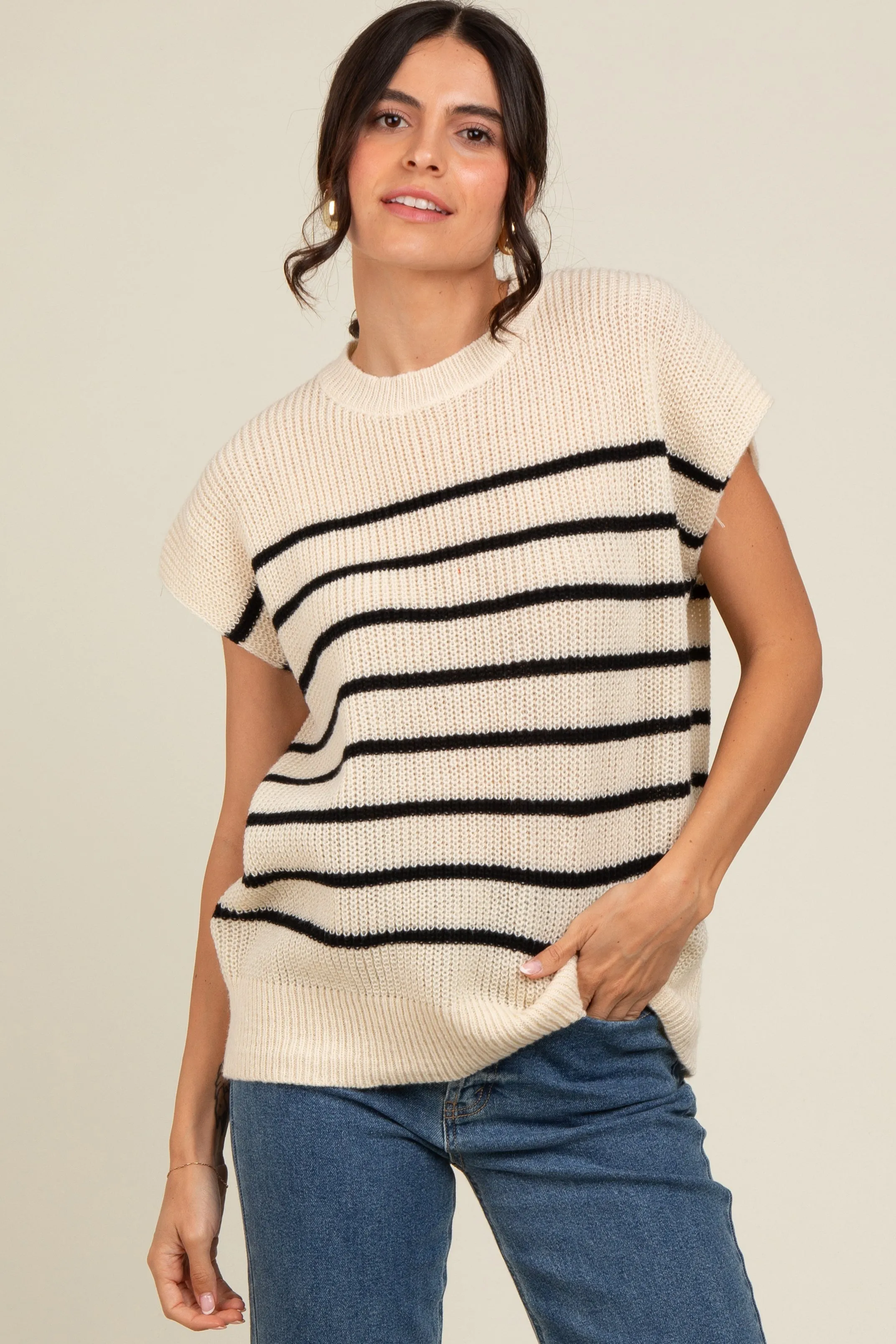 Ivory Striped Dolman Short Sleeve Maternity Sweater sold by Pinkblush product image thumbnail 4