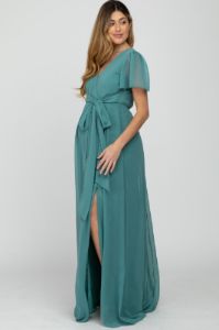 Teal Chiffon Short Sleeve Front Slit Maternity Maxi Dress sold by Pinkblush