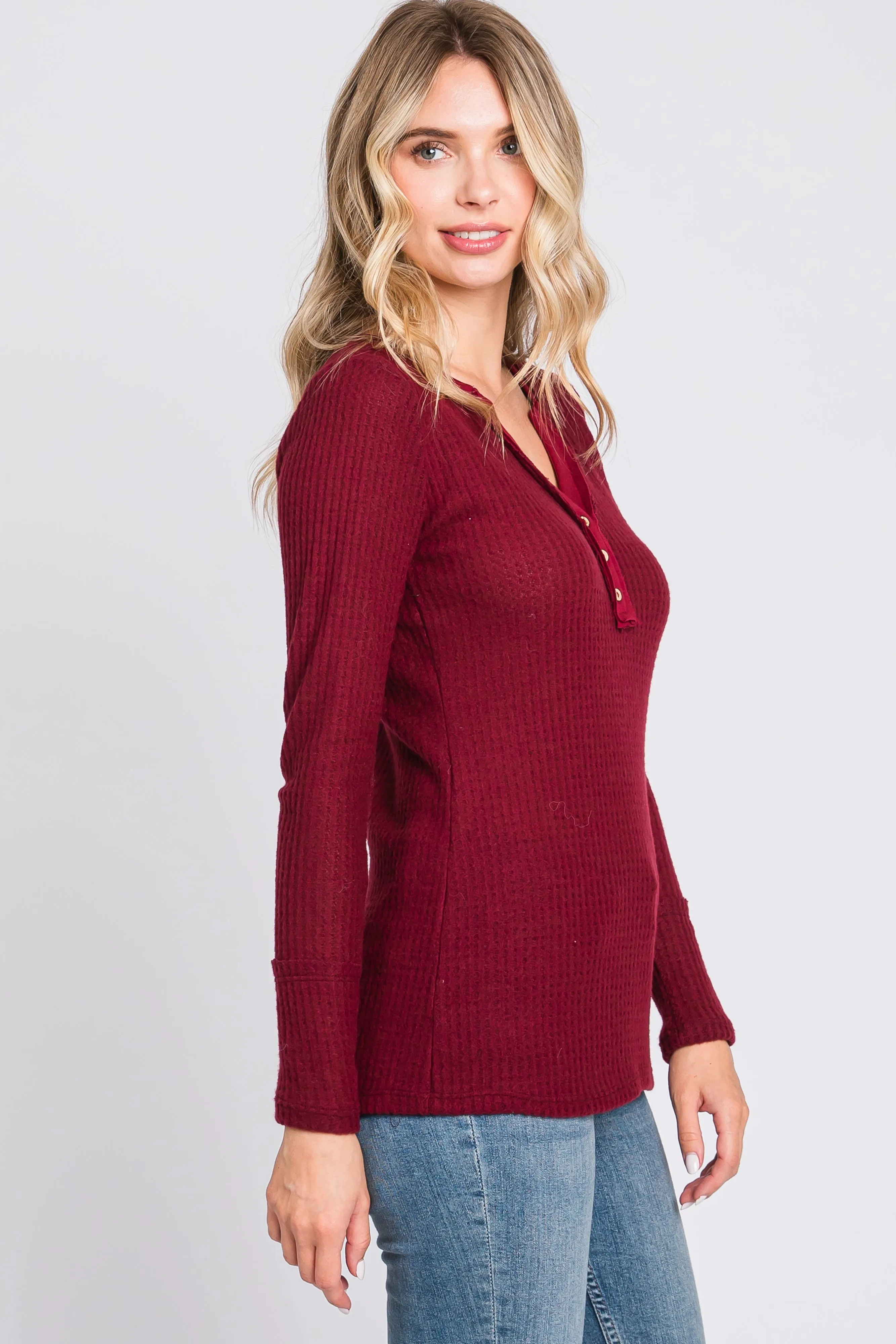 Burgundy Soft Waffle Knit Button Accent Long Sleeve Top sold by Pinkblush product image thumbnail 2