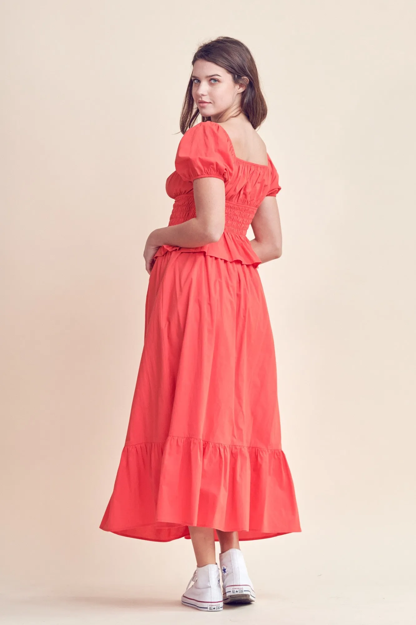 Red Square Neck Puff Sleeve Top And Midi Skirt Set sold by Pinkblush product image thumbnail 3