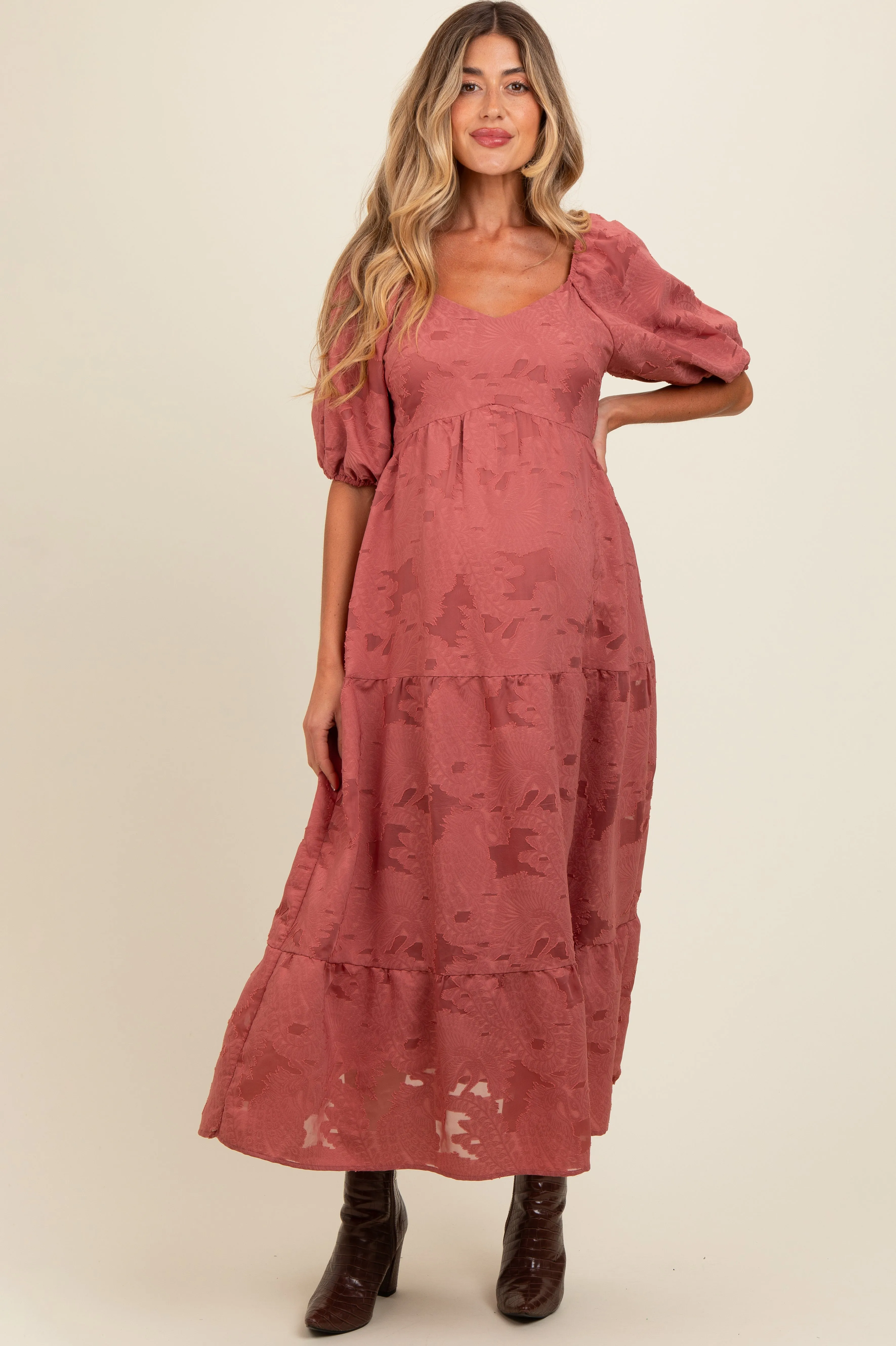 Mauve Floral Textured Tiered Midi Maternity Dress sold by Pinkblush