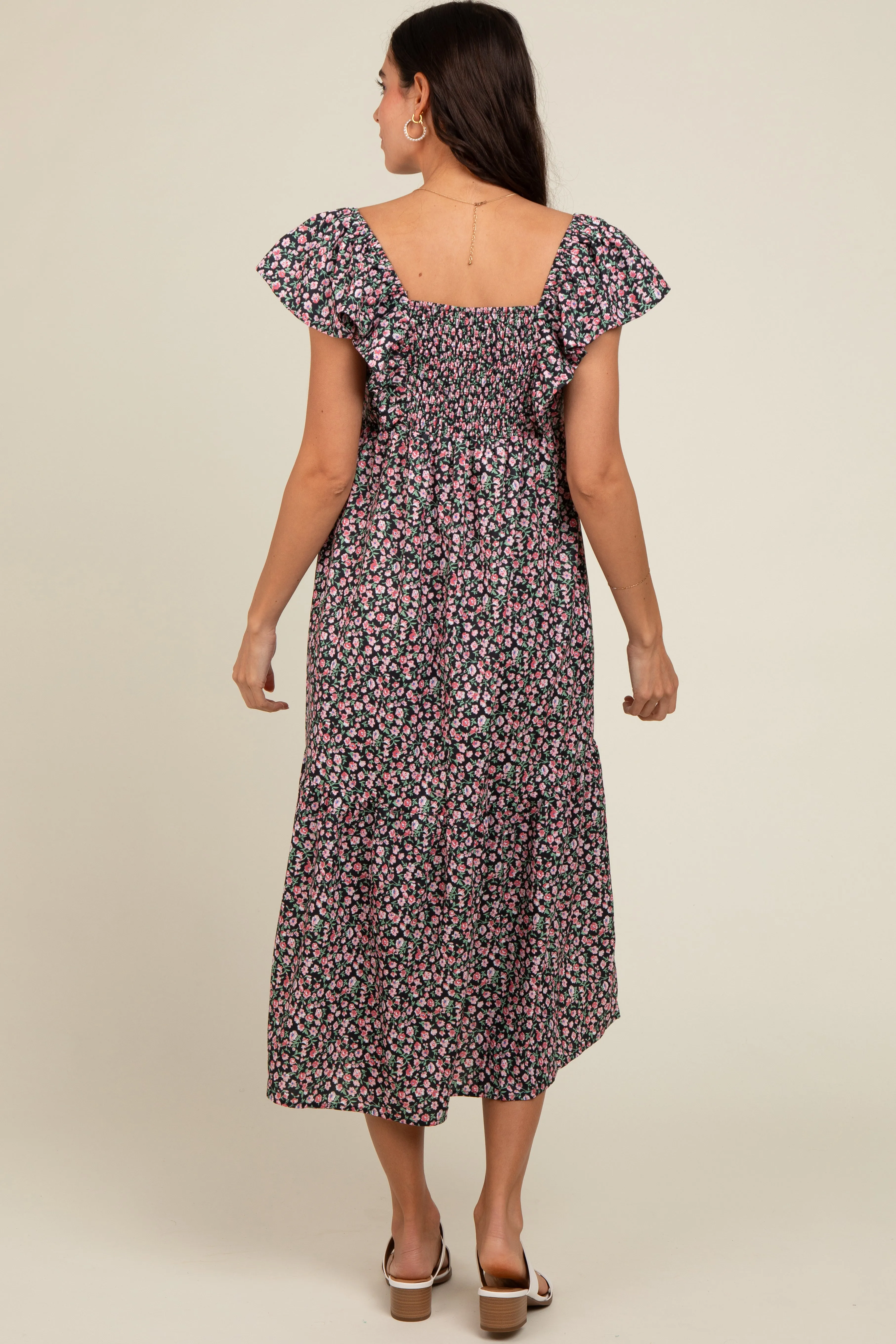 Black Floral Ruffle Off Shoulder Midi Dress sold by Pinkblush product image thumbnail 4