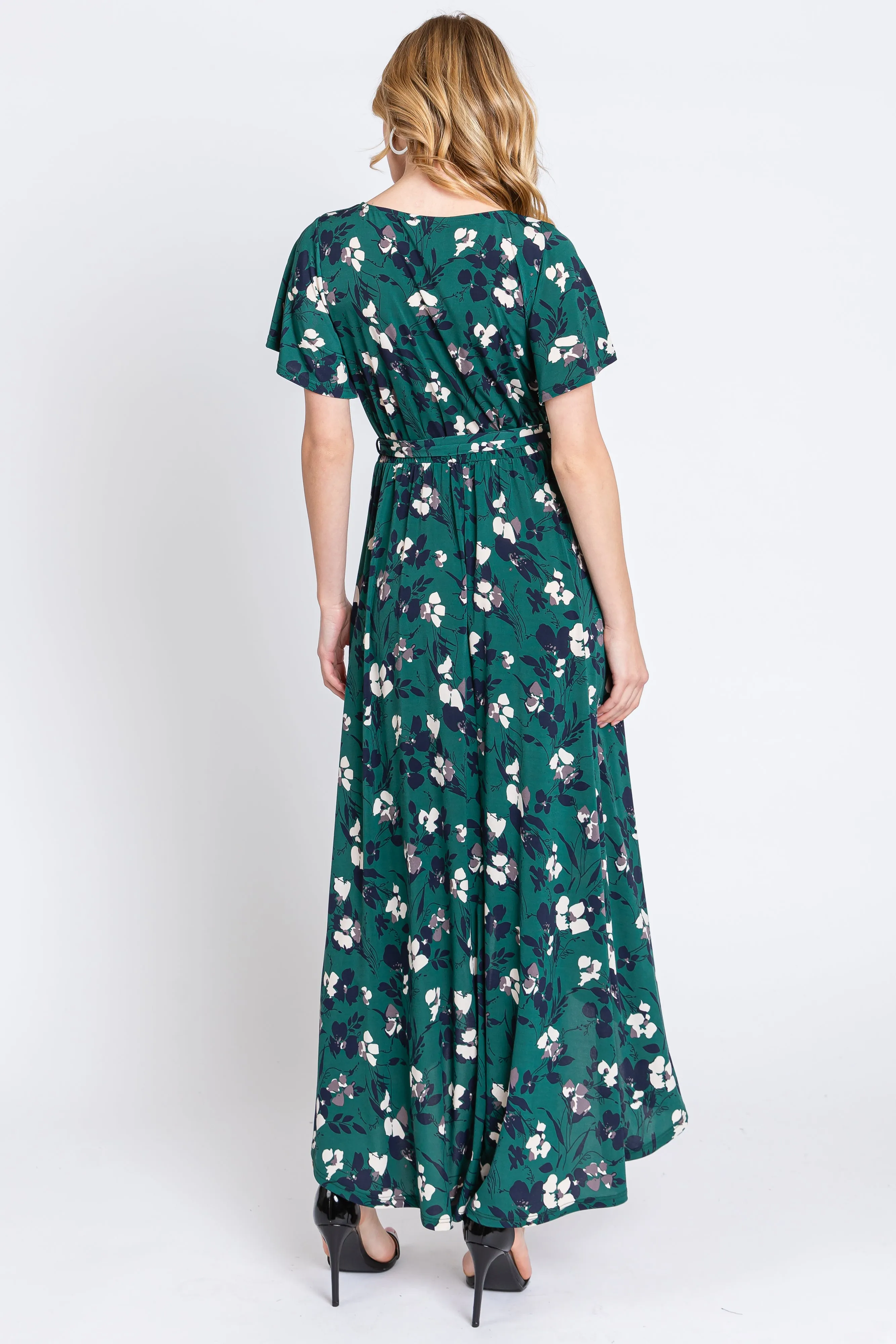Forest Green Floral Wrap Front V-Neck Hi-Low Midi Dress sold by Pinkblush product image thumbnail 3