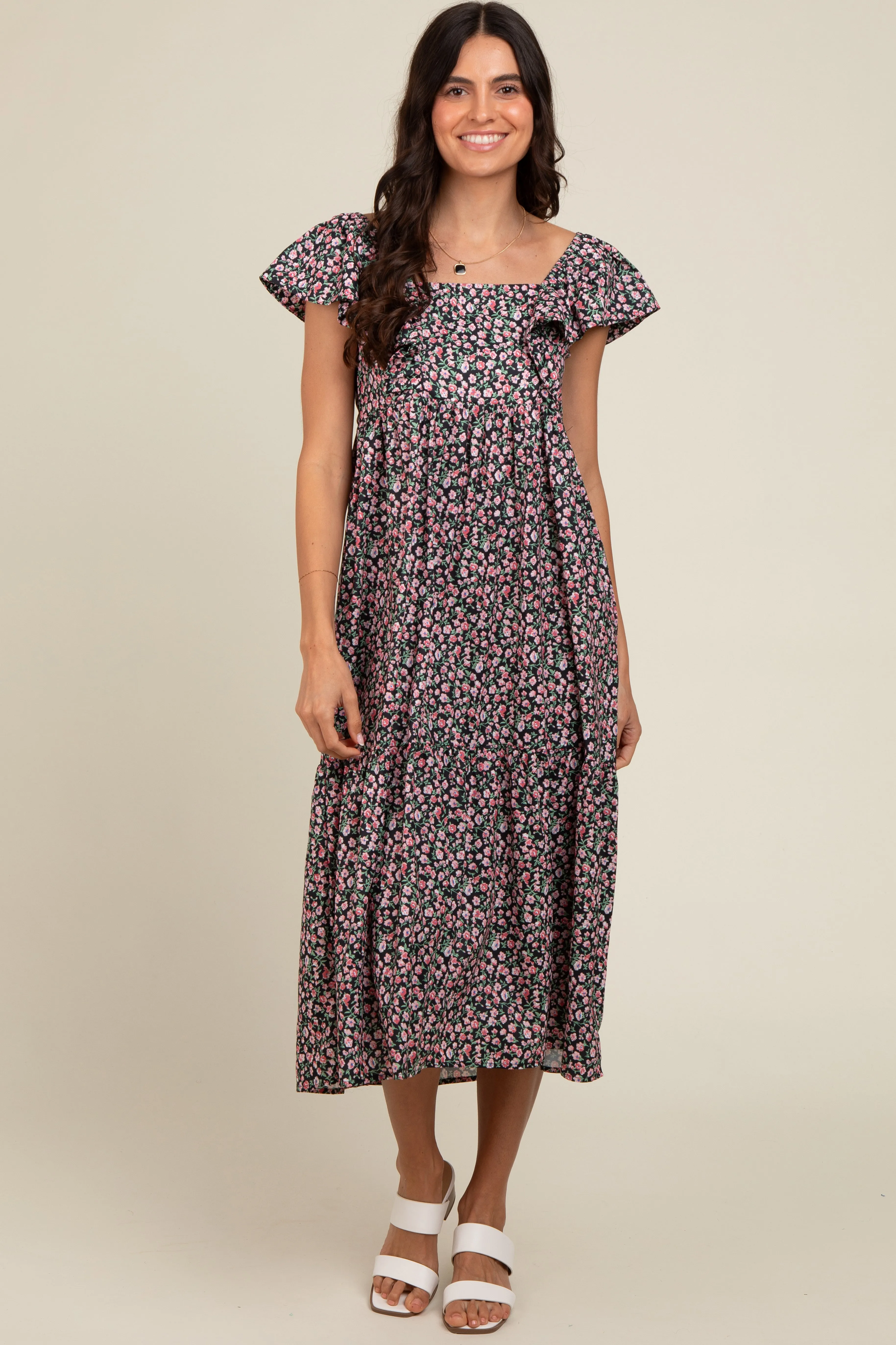 Black Floral Ruffle Off Shoulder Midi Dress sold by Pinkblush