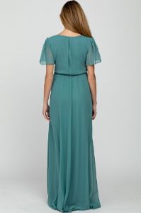 Teal Chiffon Short Sleeve Front Slit Maternity Maxi Dress sold by Pinkblush