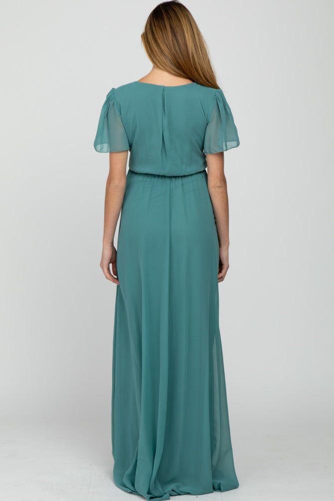 Teal Chiffon Short Sleeve Front Slit Maternity Maxi Dress sold by Pinkblush product image thumbnail 3
