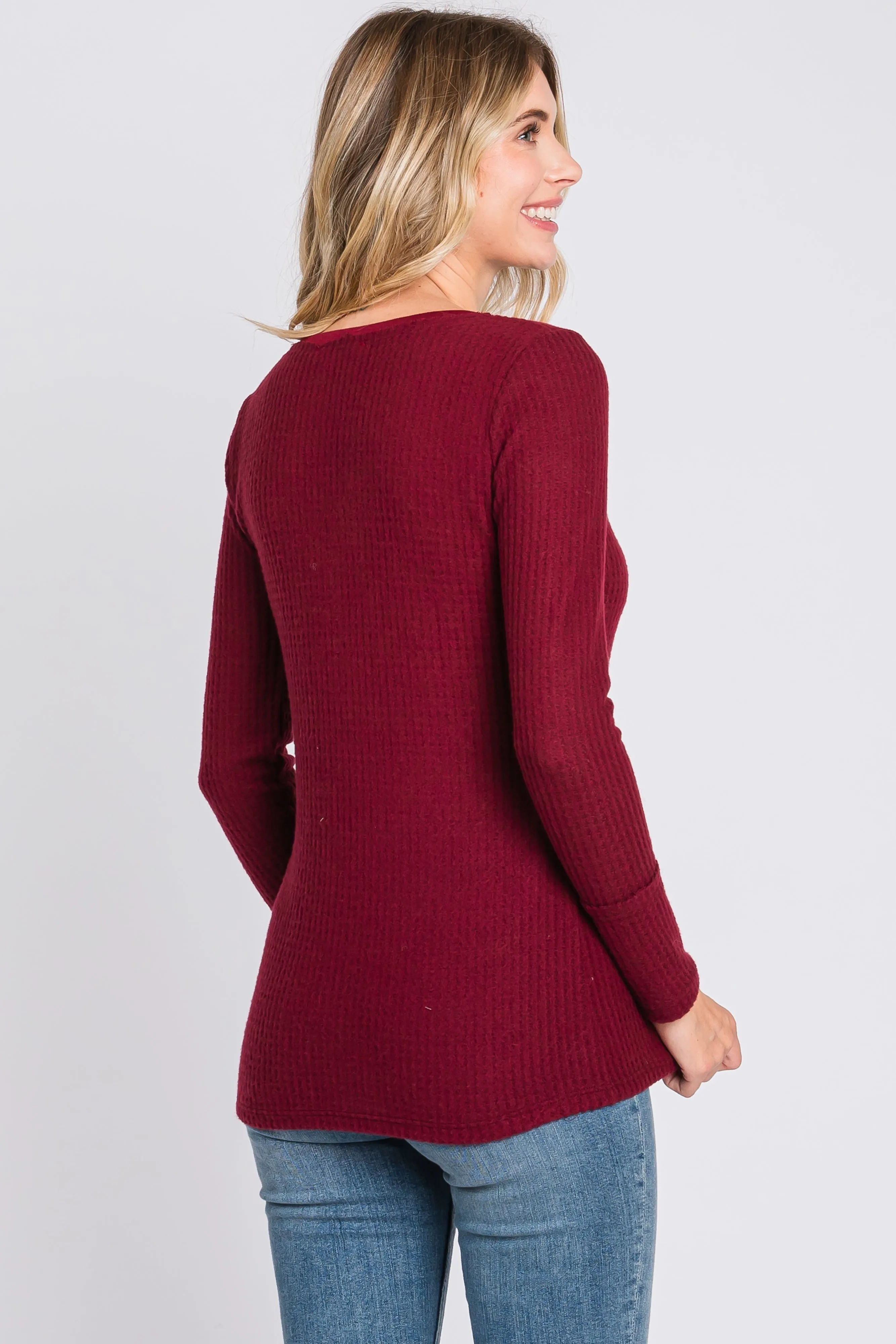 Burgundy Soft Waffle Knit Button Accent Long Sleeve Top sold by Pinkblush product image thumbnail 3