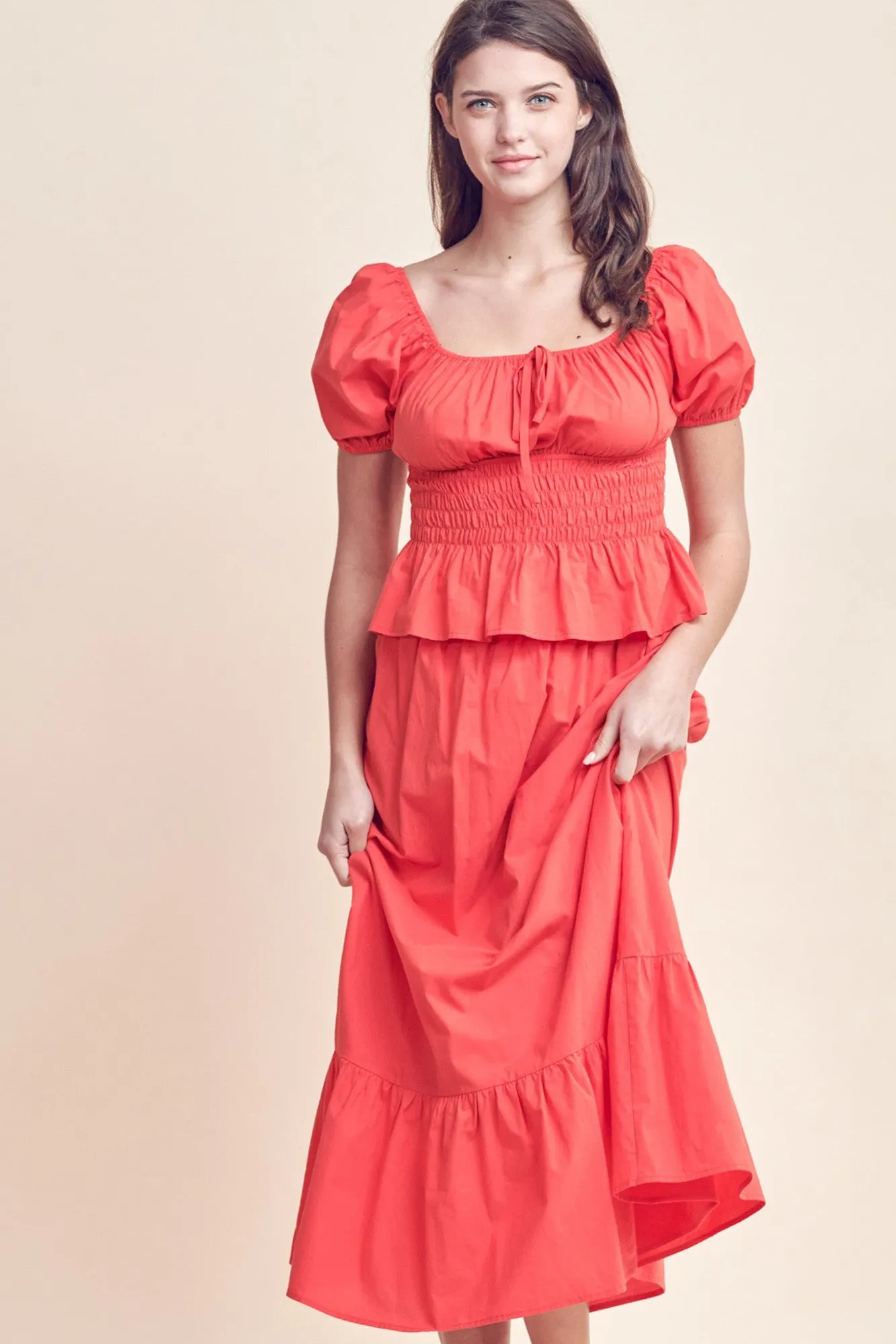 Red Square Neck Puff Sleeve Top And Midi Skirt Set sold by Pinkblush product image thumbnail 4