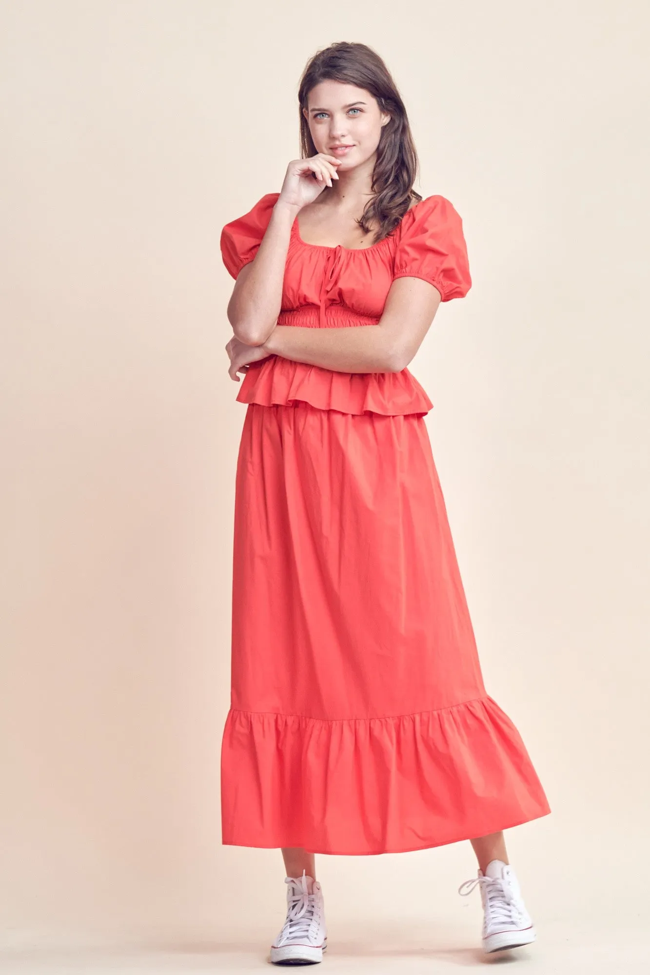 Red Square Neck Puff Sleeve Top And Midi Skirt Set sold by Pinkblush