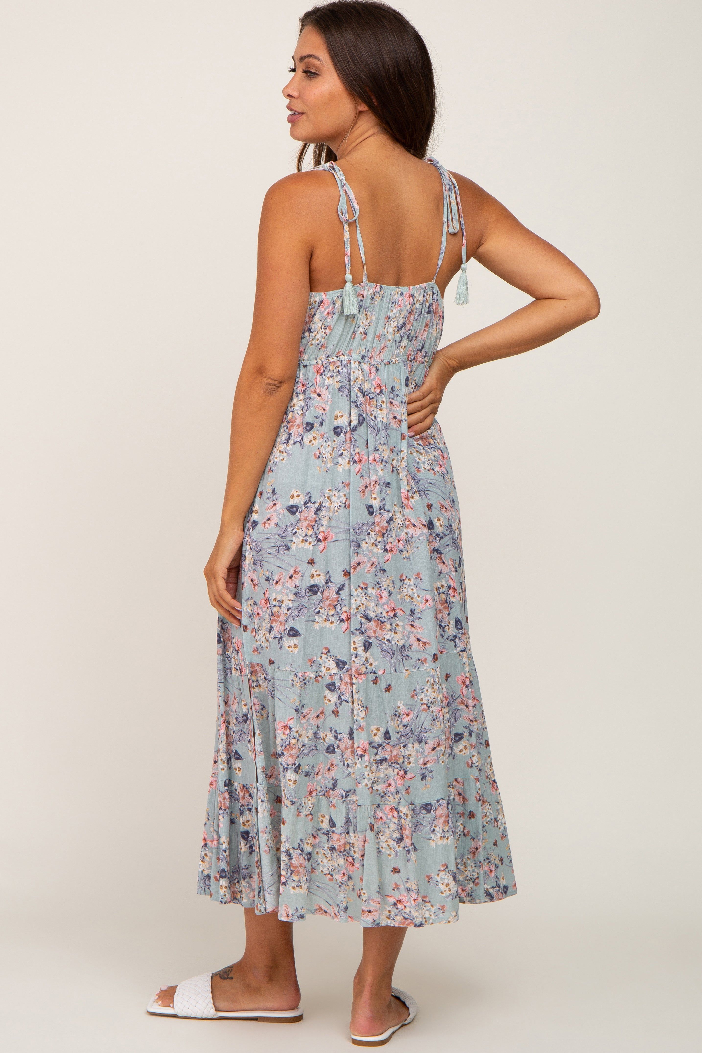 Light Olive Floral Side Slit Ruffle Hem Tie Strap Maternity Midi Dress sold by Pinkblush product image thumbnail 3