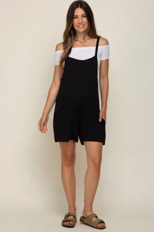 Black Front Pocket Overall Knit Maternity Romper sold by Pinkblush