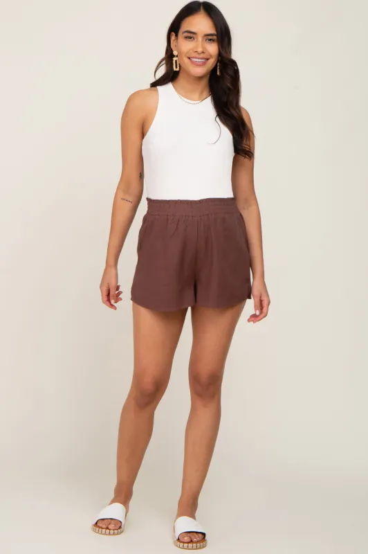 Brown Linen Maternity Shorts sold by Pinkblush