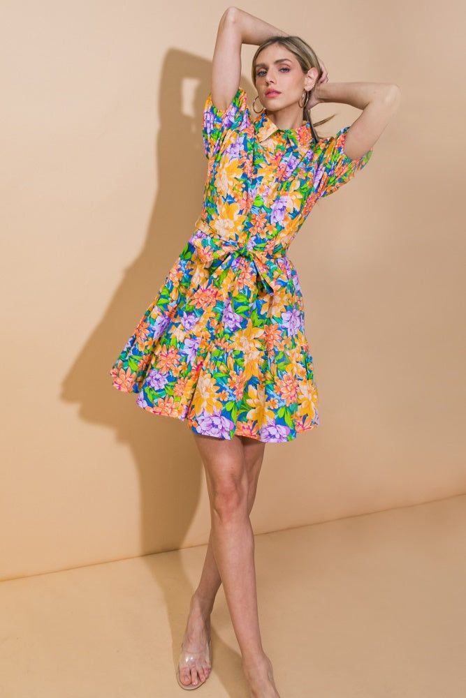 Blue Yellow Floral Waist Tie Dress sold by Pinkblush product image thumbnail 4