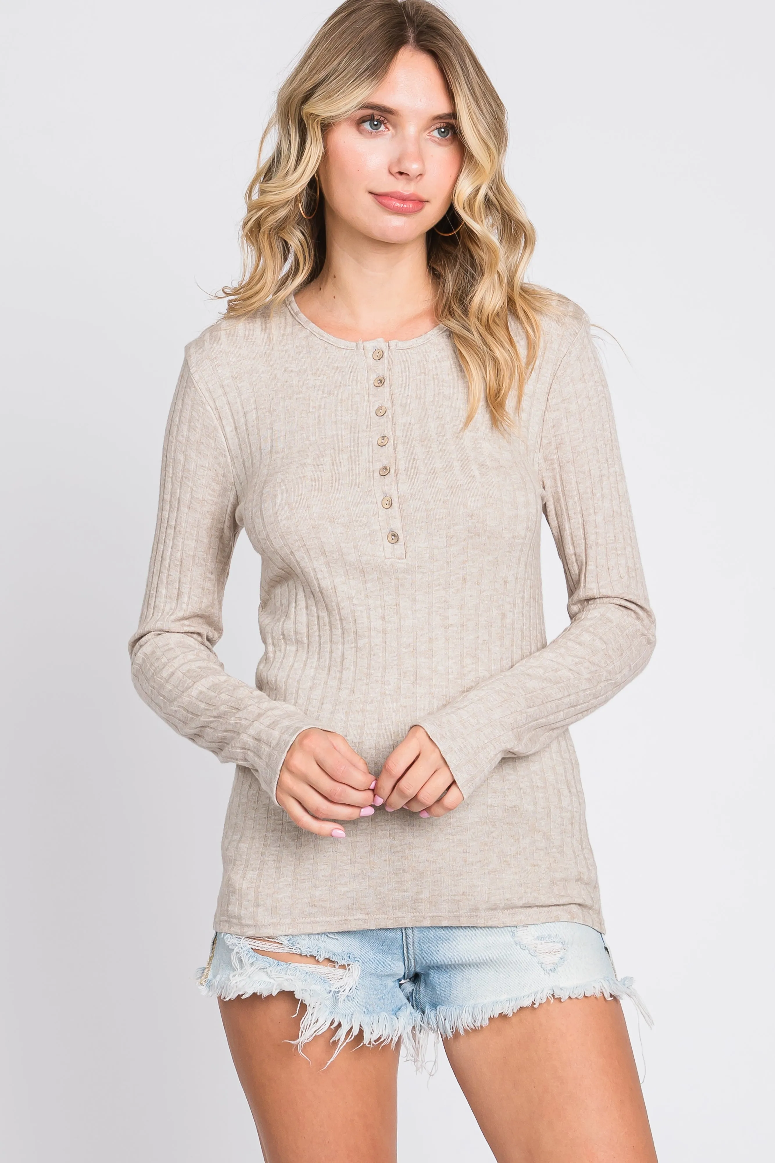 Beige Ribbed Knit Button Long Sleeve Top sold by Pinkblush product image thumbnail 2