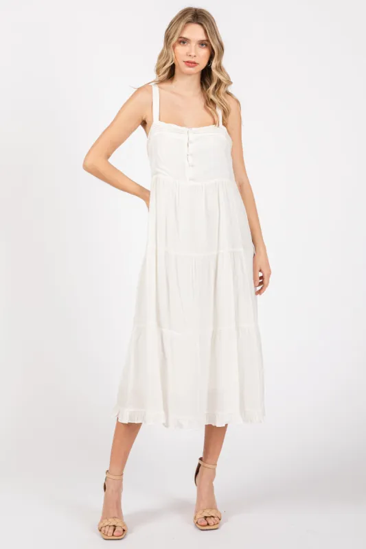 White Sleeveless Button Tiered Midi Dress sold by Pinkblush