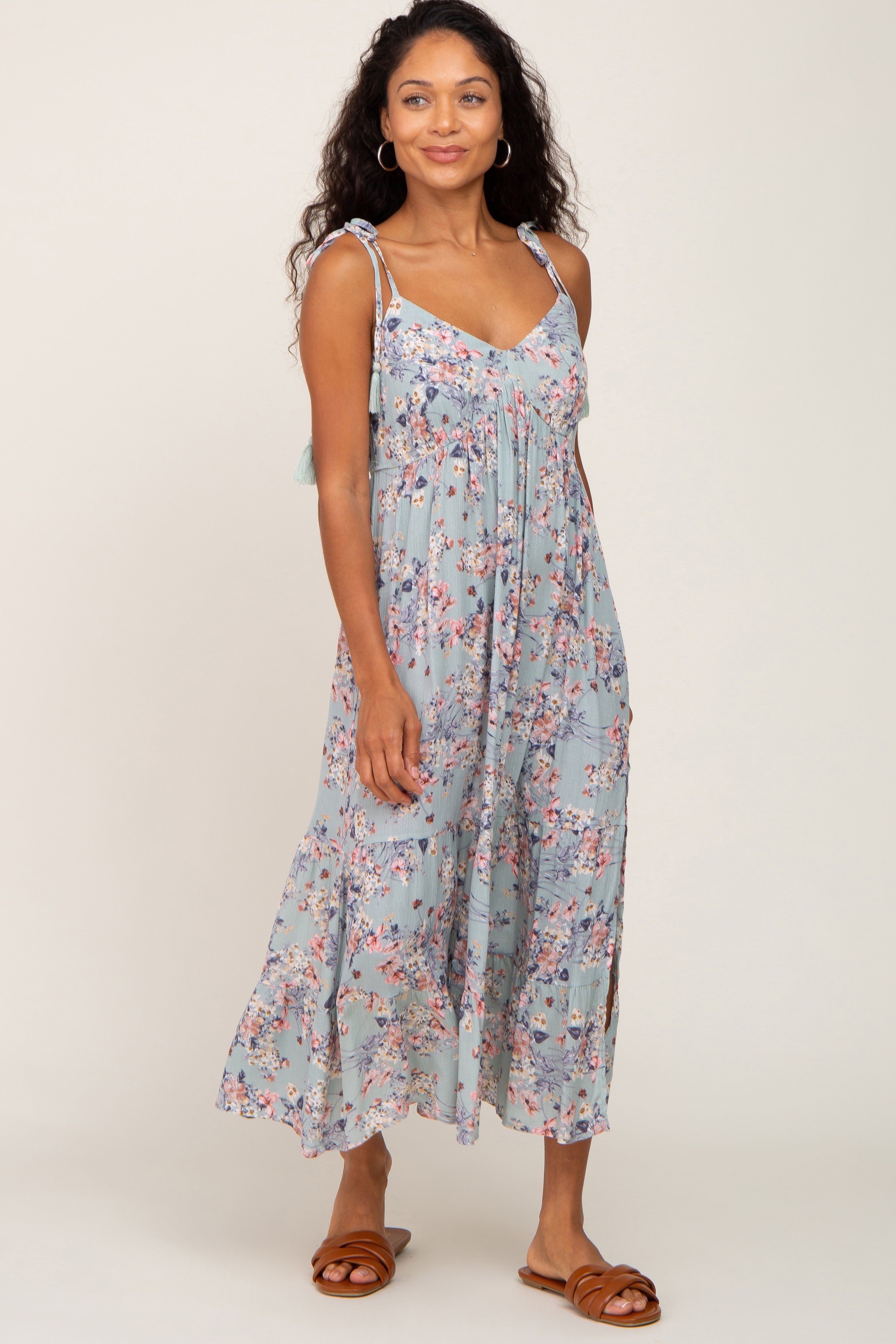 Light Olive Floral Side Slit Ruffle Hem Tie Strap Maternity Midi Dress sold by Pinkblush product image thumbnail 4