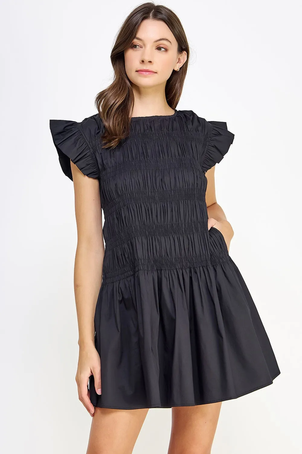 Black Smocked Bodice Poplin Mini Dress sold by Pinkblush