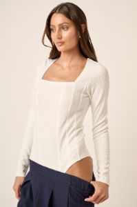 Ivory Texture Rib Knit Corset Detail Bodysuit sold by Pinkblush