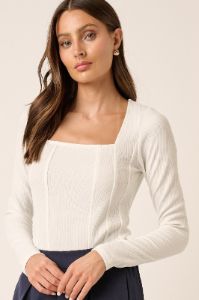 Ivory Texture Rib Knit Corset Detail Bodysuit sold by Pinkblush