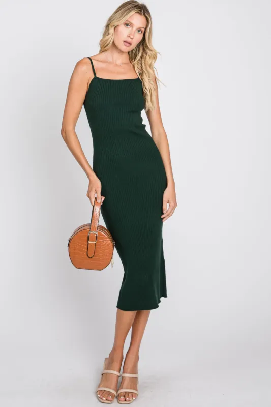 Forest Green Ribbed Square Neck Sleeveless Midi Dress sold by Pinkblush