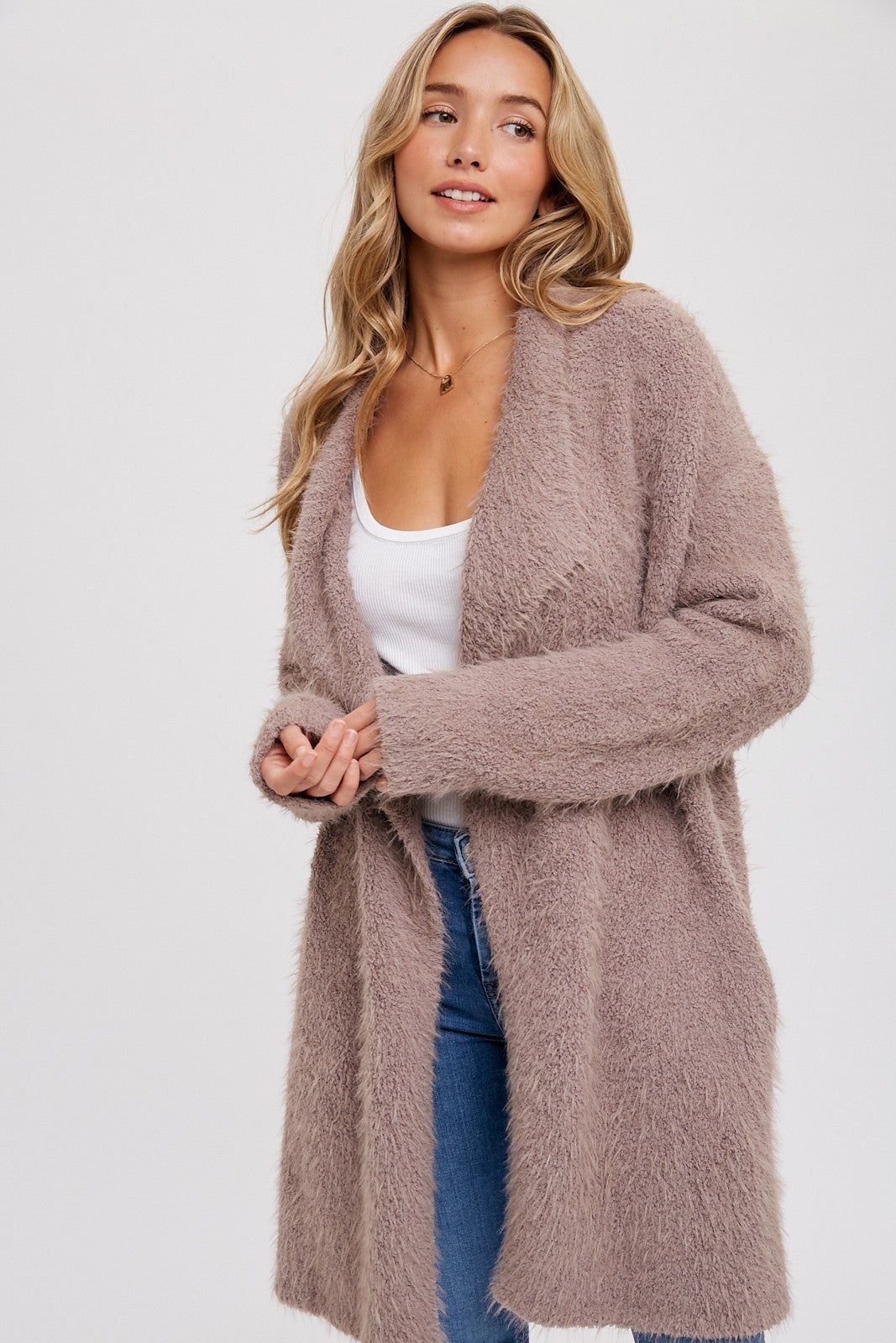 Mocha Fuzzy Knit Draped Cardigan sold by Pinkblush