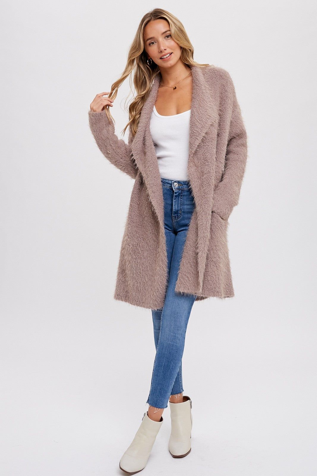 Mocha Fuzzy Knit Draped Cardigan sold by Pinkblush product image thumbnail 2