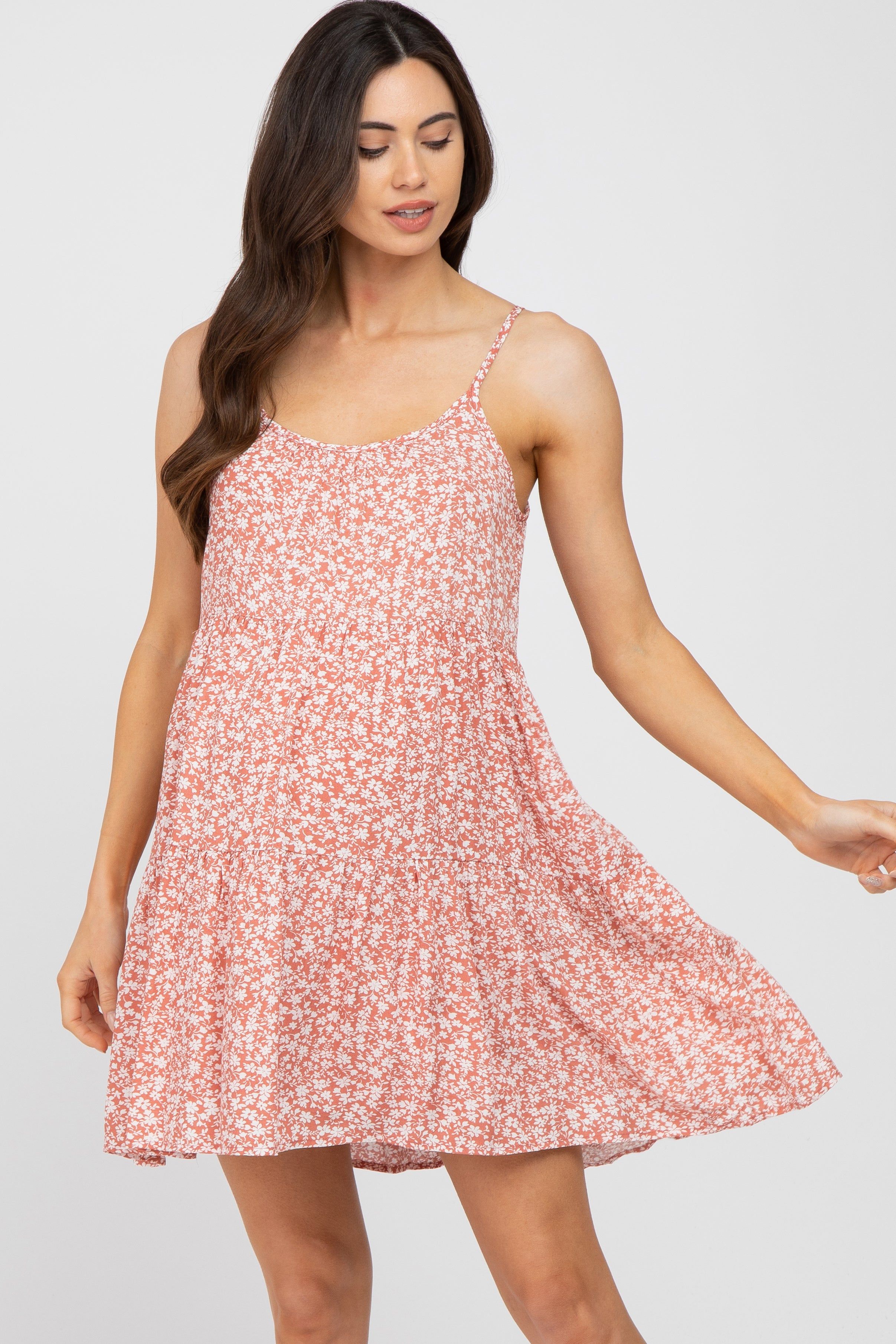 Salmon Floral Tiered Maternity Mini Dress sold by Pinkblush product image thumbnail 2