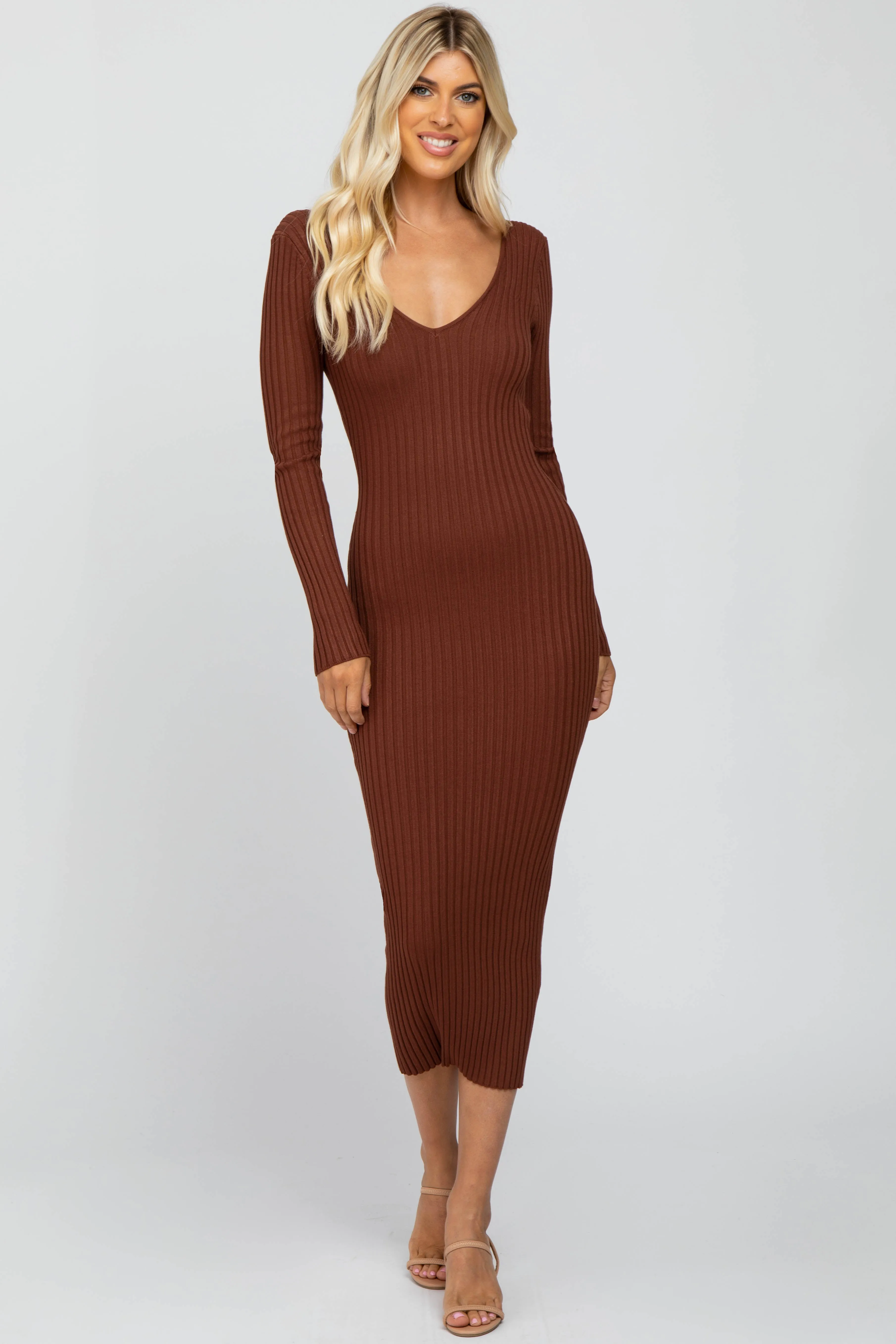 Mocha V-Neck Long Sleeve Fitted Maternity Maxi Dress sold by Pinkblush product image thumbnail 5