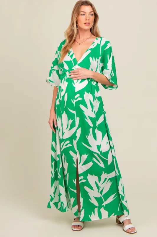 Green Floral Double V-Neck Front Slit Maternity Maxi Dress sold by Pinkblush
