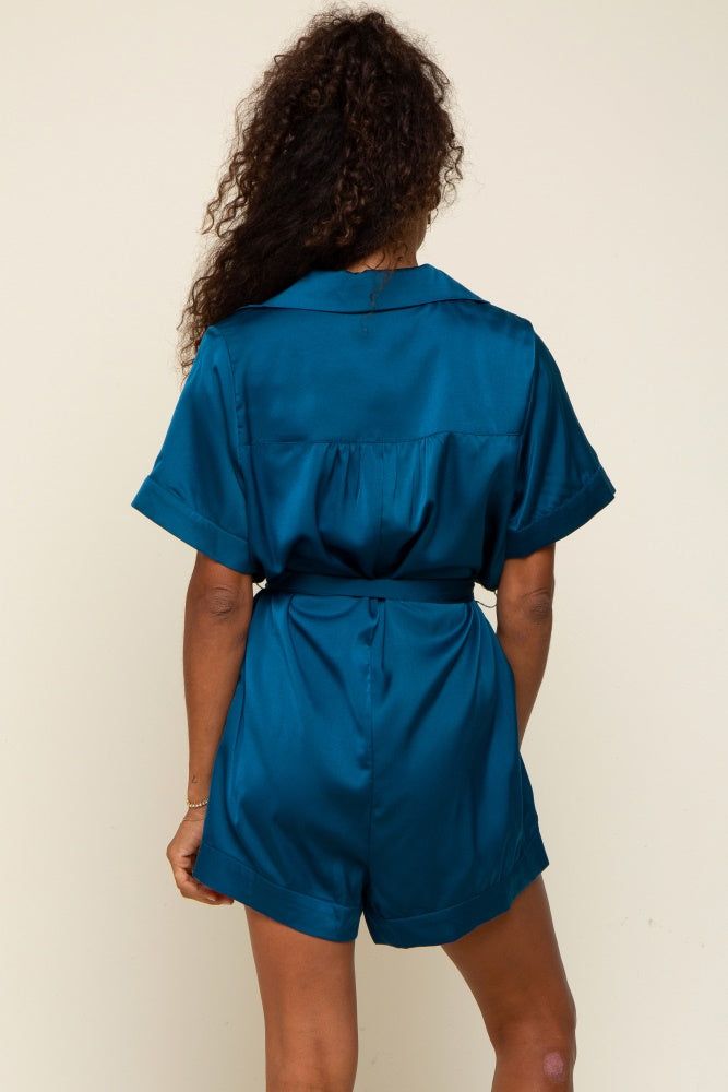 Teal Satin Button Down Romper sold by Pinkblush product image thumbnail 3