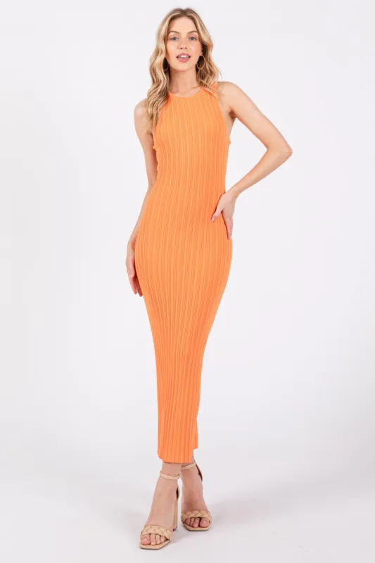 Orange Ribbed Sleeveless Back Slit Midi Dress sold by Pinkblush