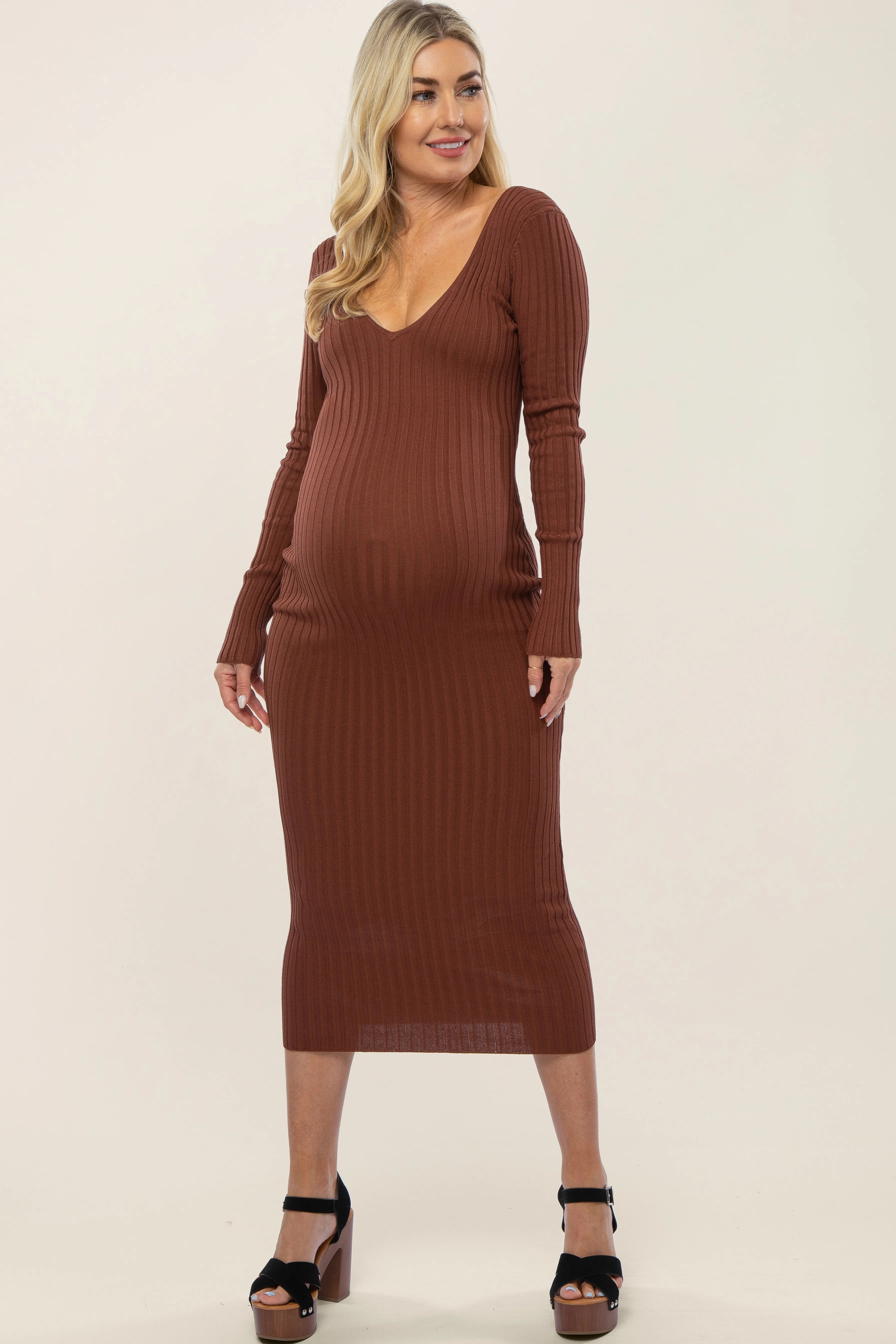 Mocha V-Neck Long Sleeve Fitted Maternity Maxi Dress sold by Pinkblush