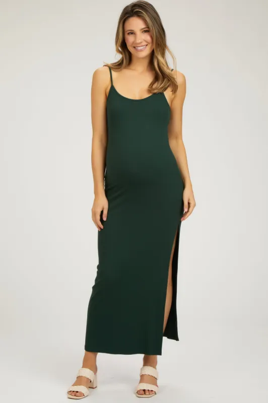 Forest Green Ribbed Sleeveless Side Slit Maternity Dress sold by Pinkblush