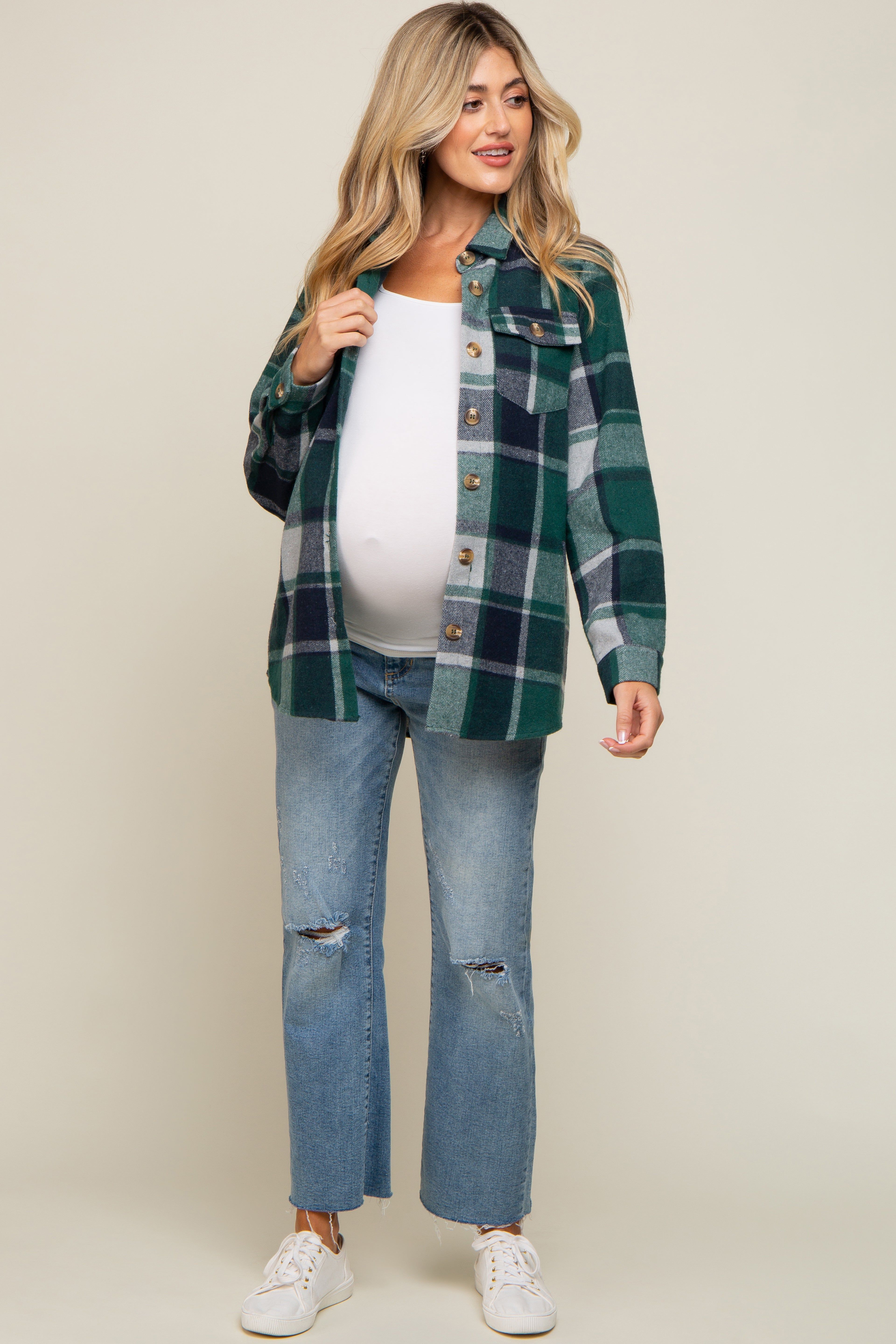 Green Plaid Maternity Shirt Jacket sold by Pinkblush product image thumbnail 5